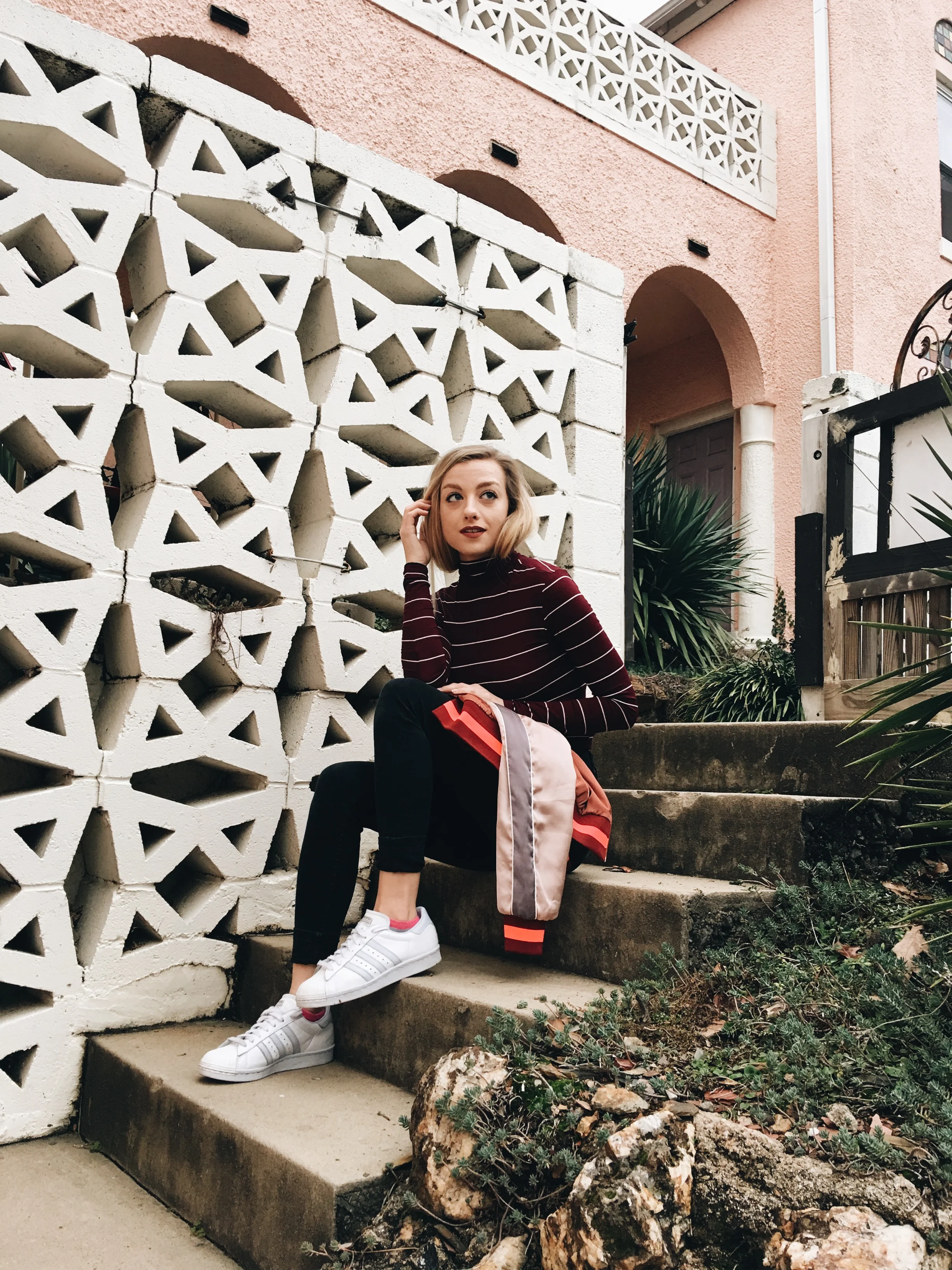 Turtleneck: Forever21 , Bomber: H&M , Jeans: Urban Outfitters , Shoes: Custom Adidas Superstars