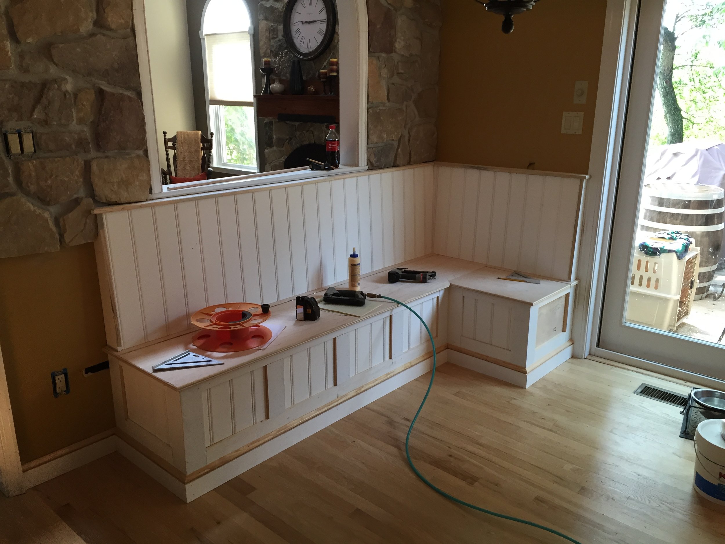  I trimmed the bench out to match the existing trim scheme of the home and used beadboard paneling to complete the back and lower face. 