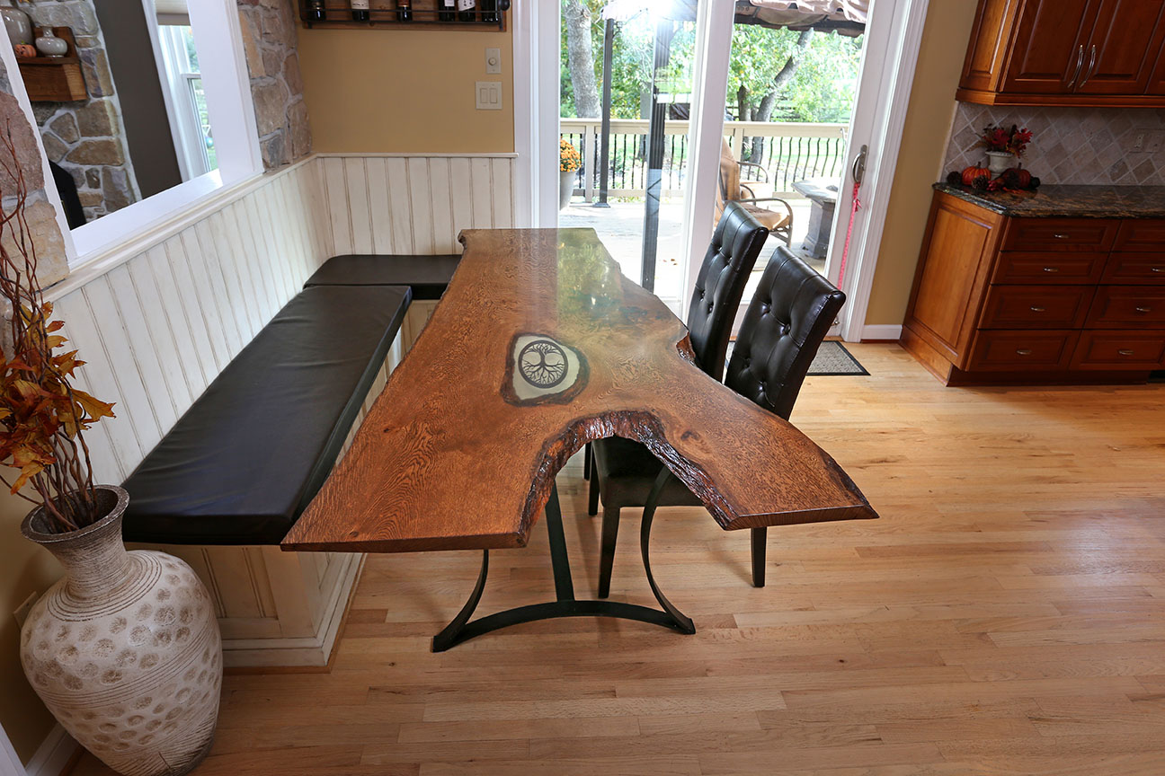  The finished table in its spot along with the custom cushions the client had made for the bench seat.&nbsp; 