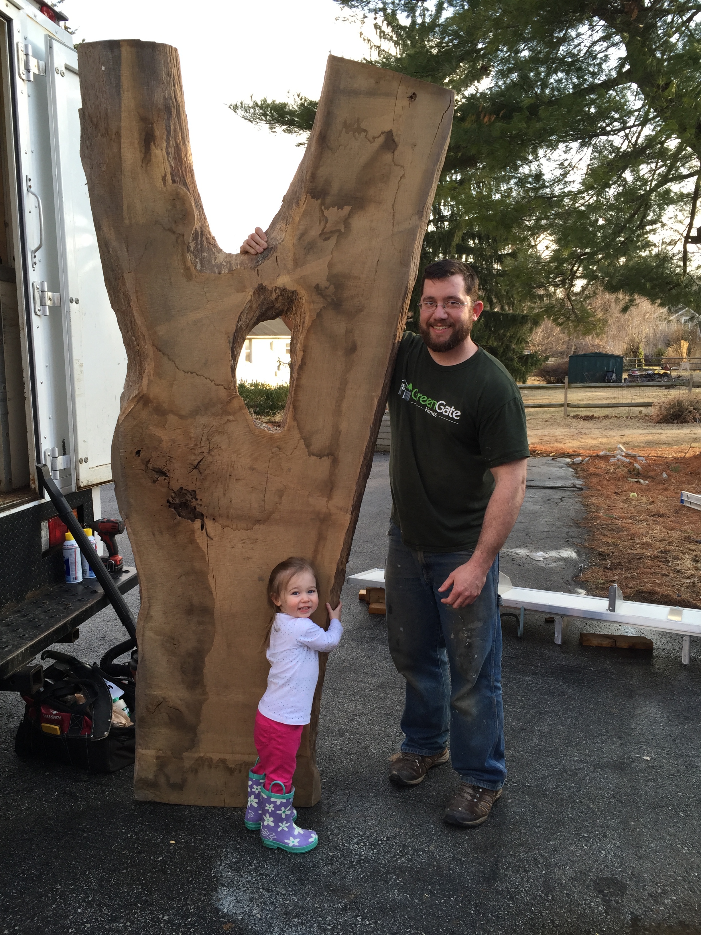  The final part of this project was fabrication of a custom dining table. The client chose this white oak flitch, shown here with me and my shop assistant.&nbsp; 