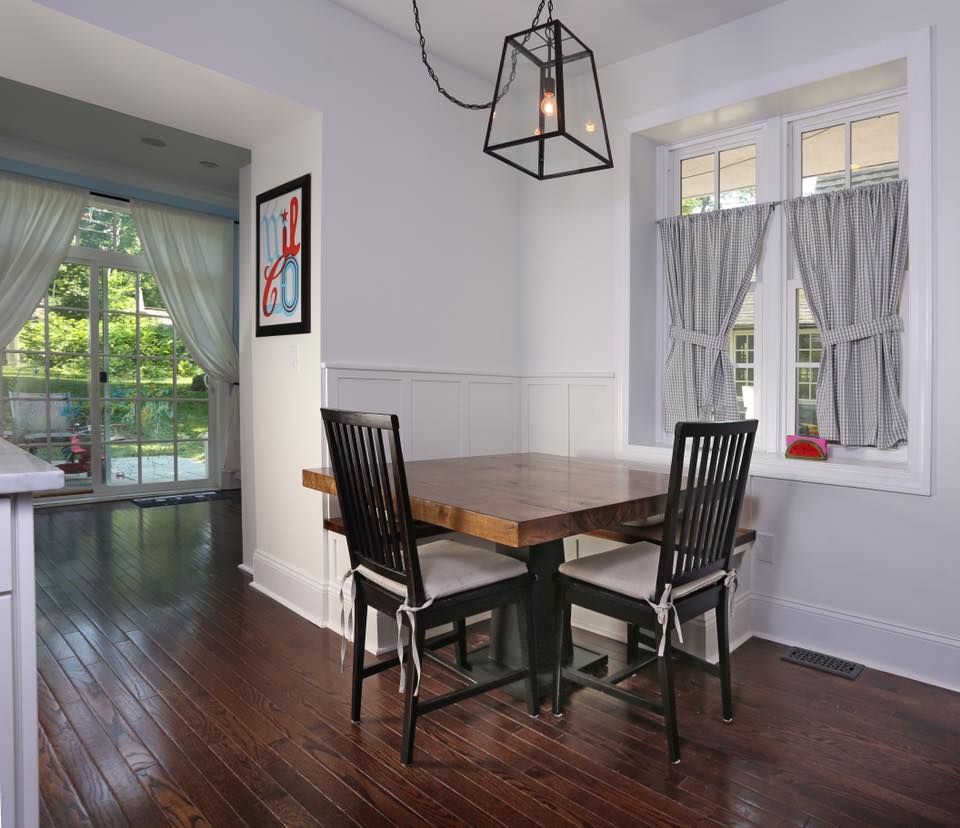 A kitchen table and built-in banquette project I completed for an existing client. The table is 46” square with a 2-1/2” thick solid rock maple top and a simple pedestal base.