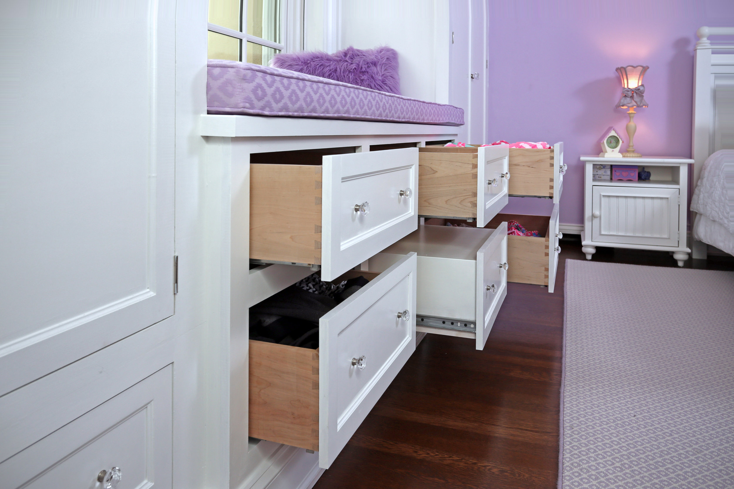  All of the drawers have soft close slides, while the hidden step has heavy duty slides rated to 500 lbs because I overbuild everything. 