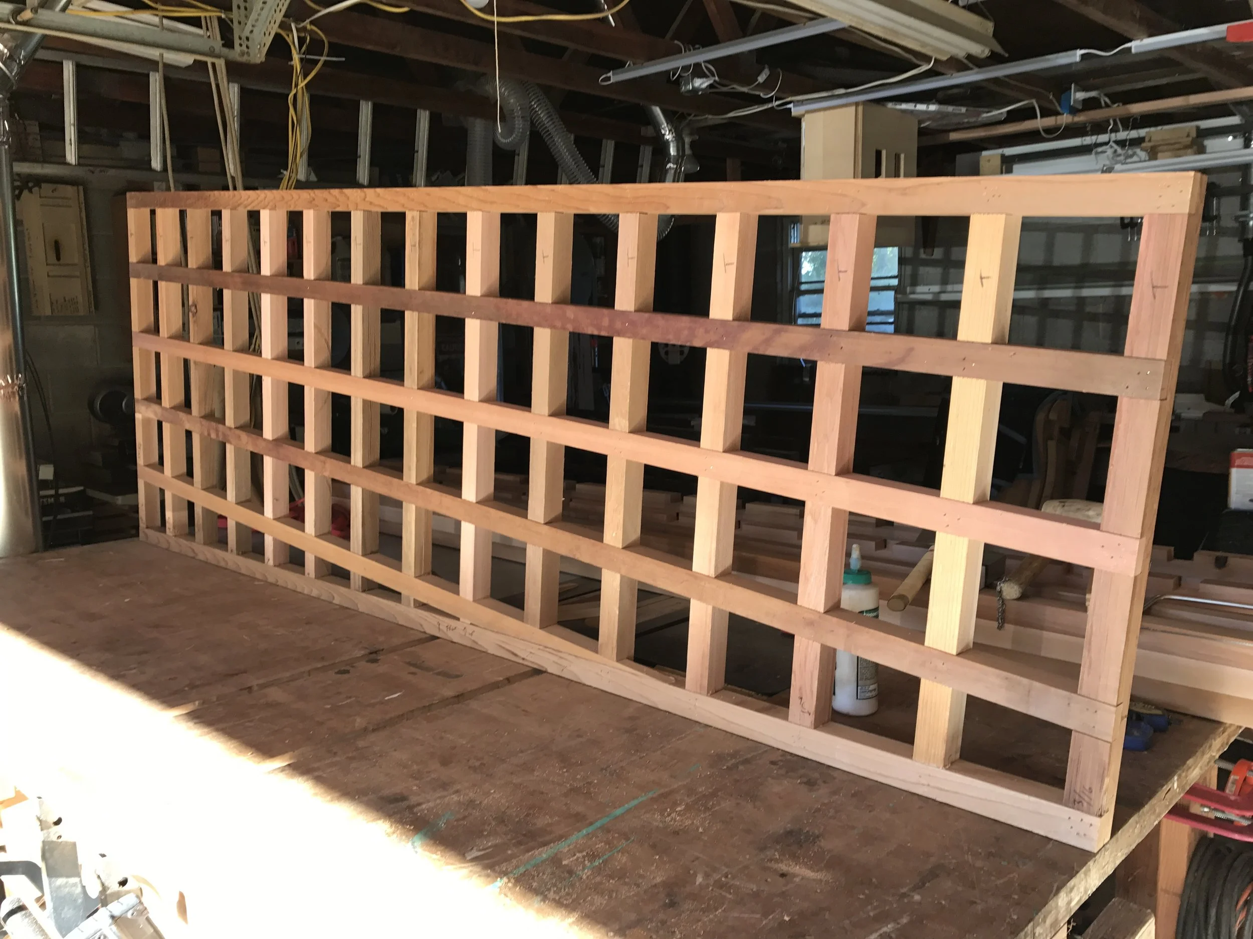  One of the assembled panels with the angled lower rail complete.&nbsp; 