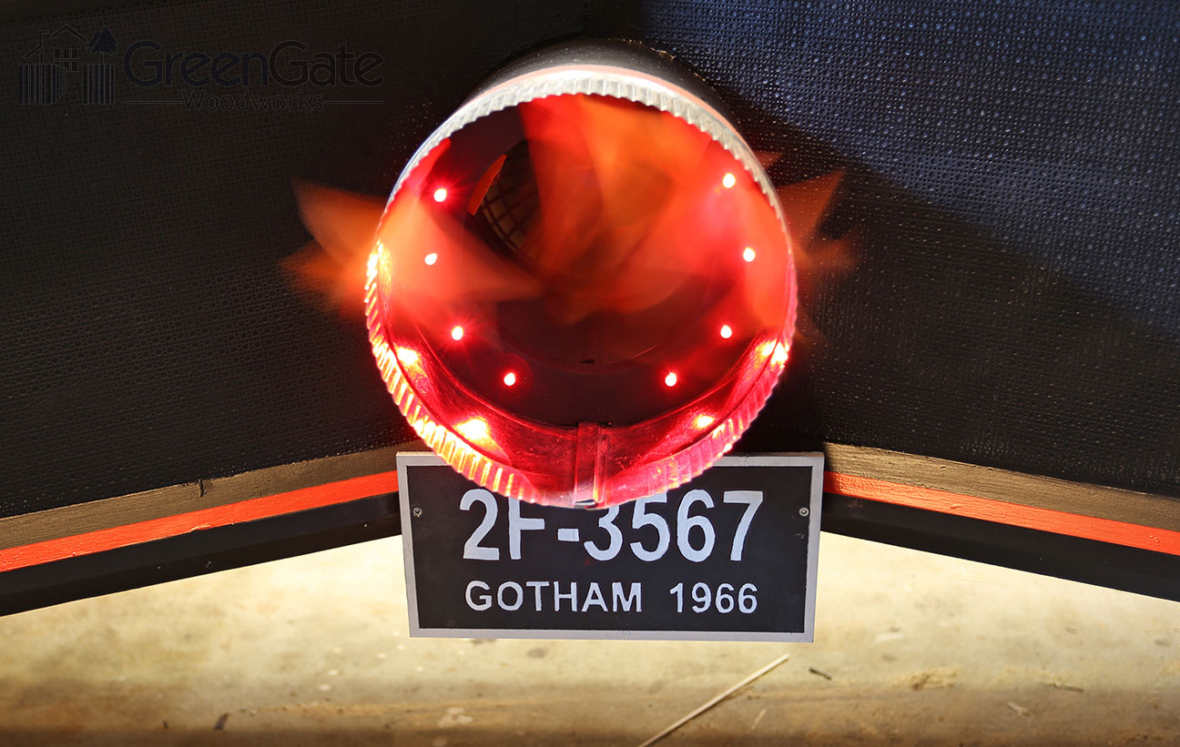 Red LEDs inside the rocket booster give it a warm glow. The license plate is a copy of the one on the original 1960’s Batmobile.