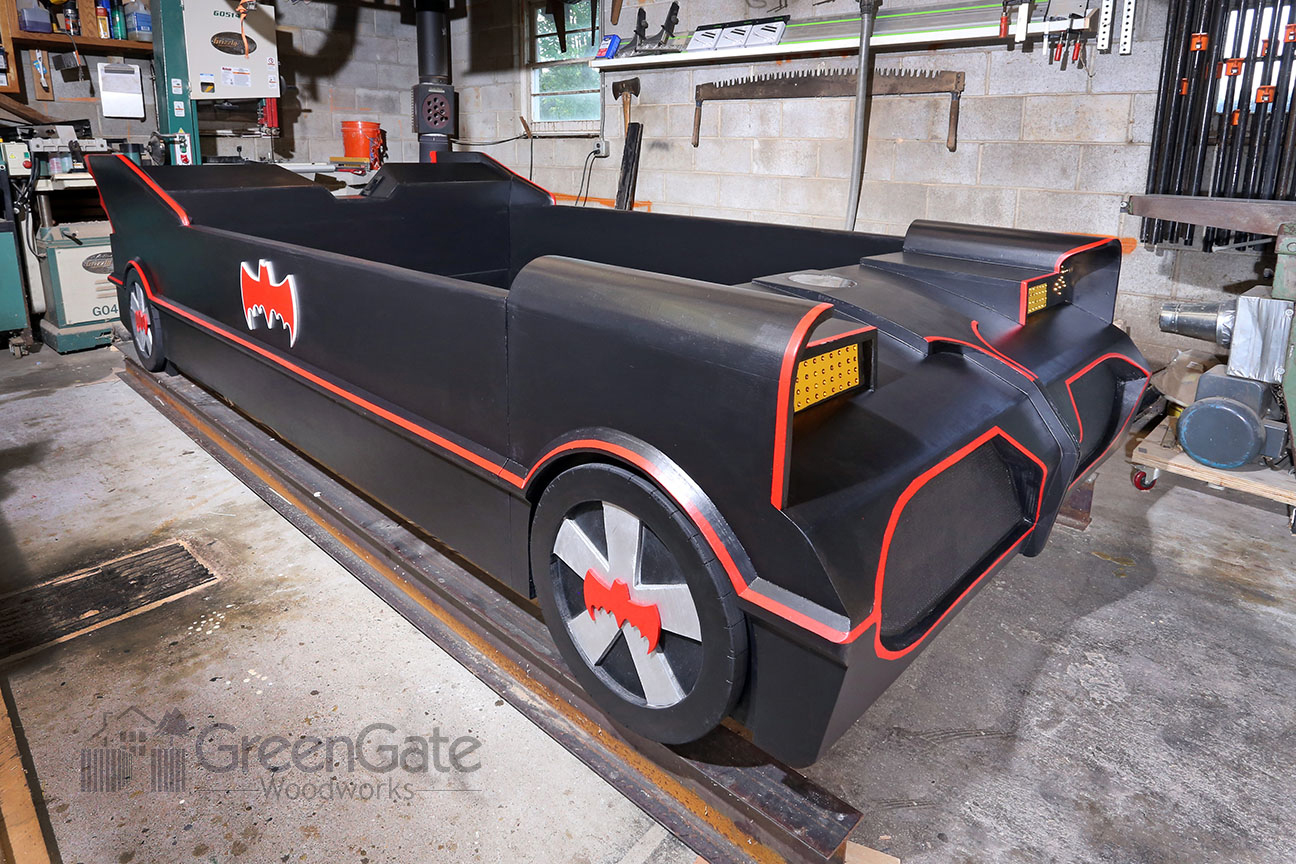  Here is the completed Batmobile bed in my shop. Based upon the Batmobile from the original 1960’s Adam West TV series, it has working headlights, Bat-rays on the front of the car (those yellow lights next to the headlights), a rocket booster in the 