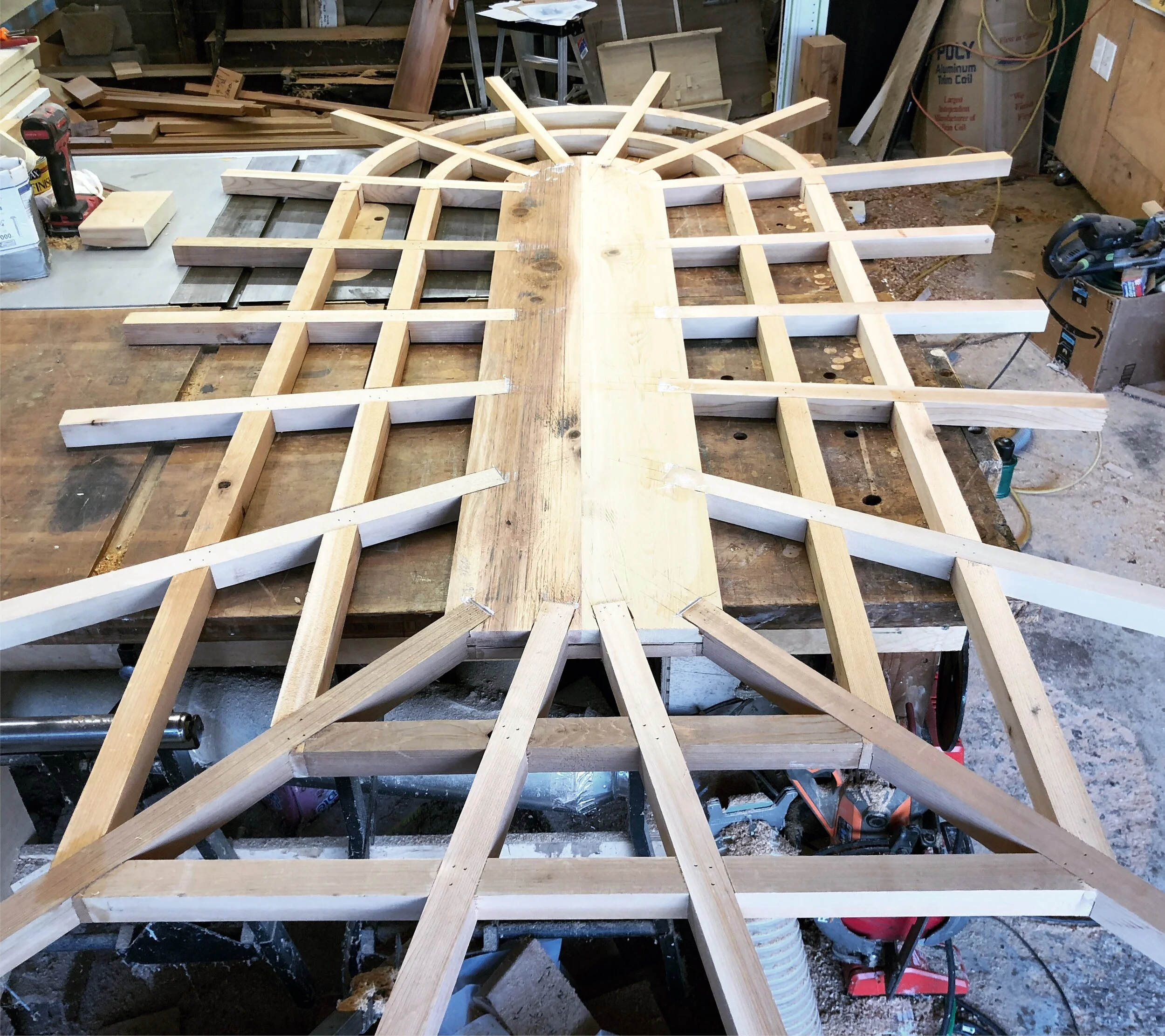  Here you can see the radial lattice of the central panel. All the joints were half-lapped and glued for extra strength.  