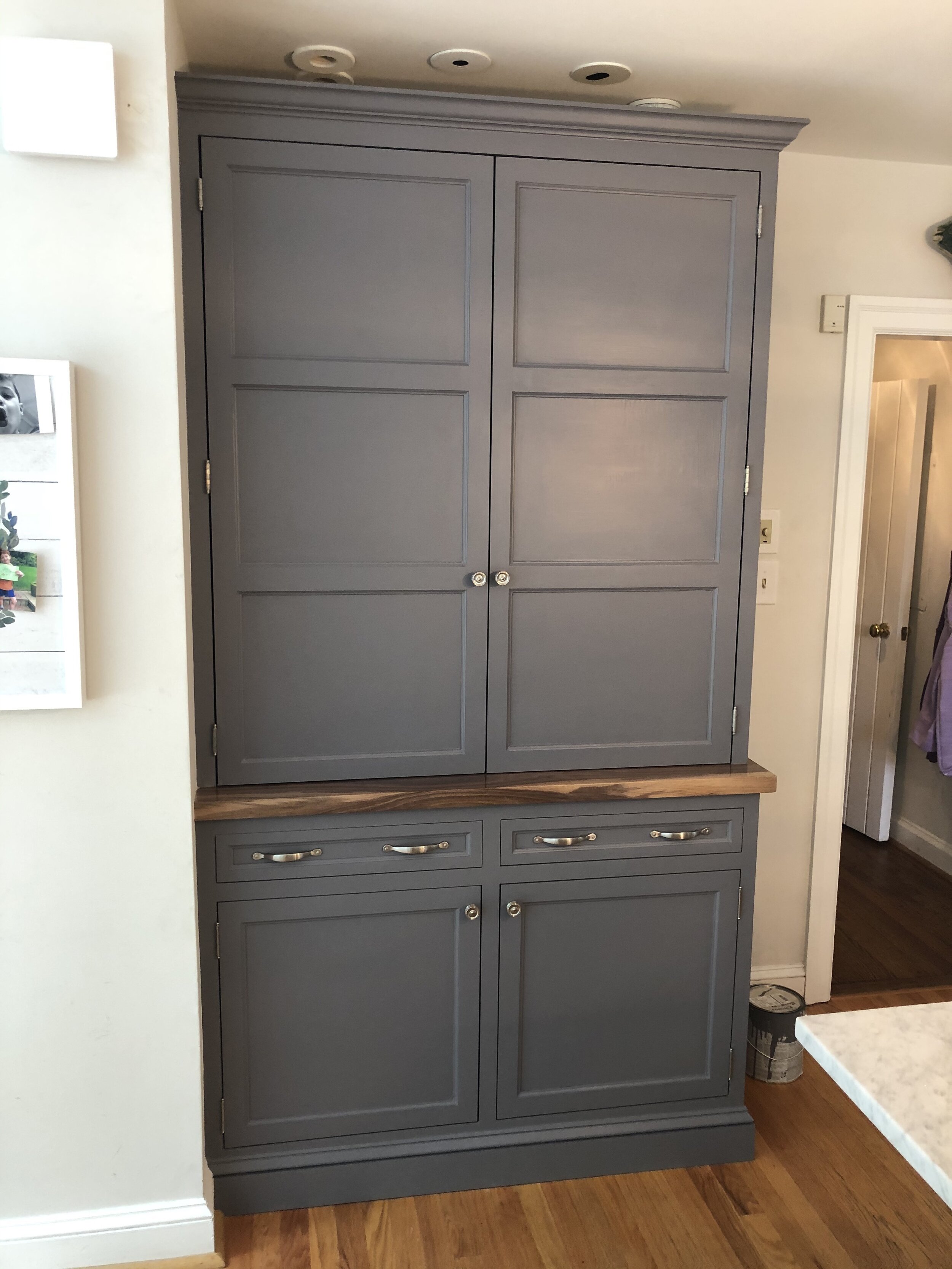  I created this built-in hutch for a client who wanted to replace an existing kitchen desk in order to gain more usable storage space.  