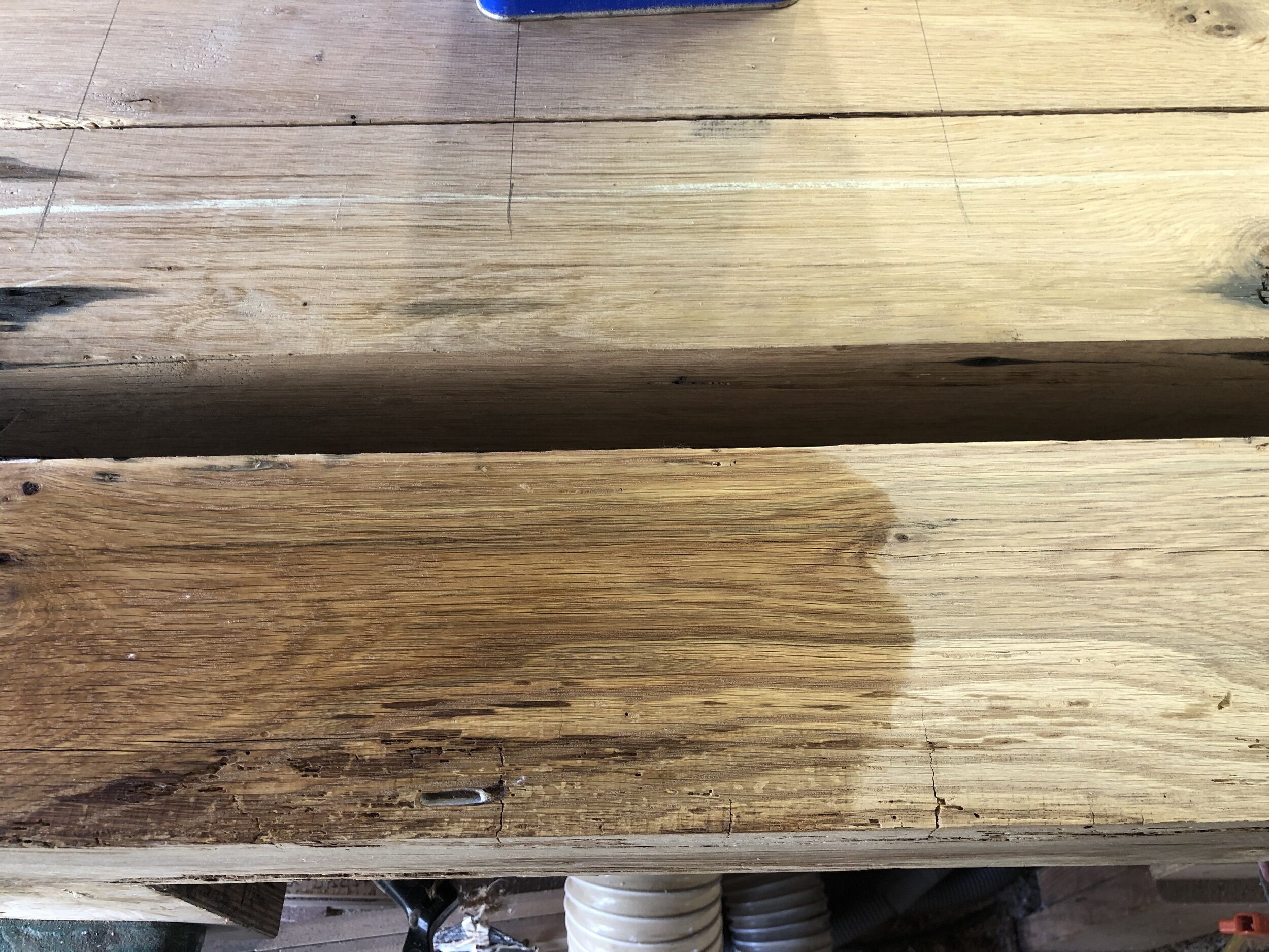  The barn wood is around 100-200 years old and has a lot of character. In order to maintain that character, I recommend to my clients that we only clear coat the wood, instead of staining it. Here I was using a quick application of mineral spirits to