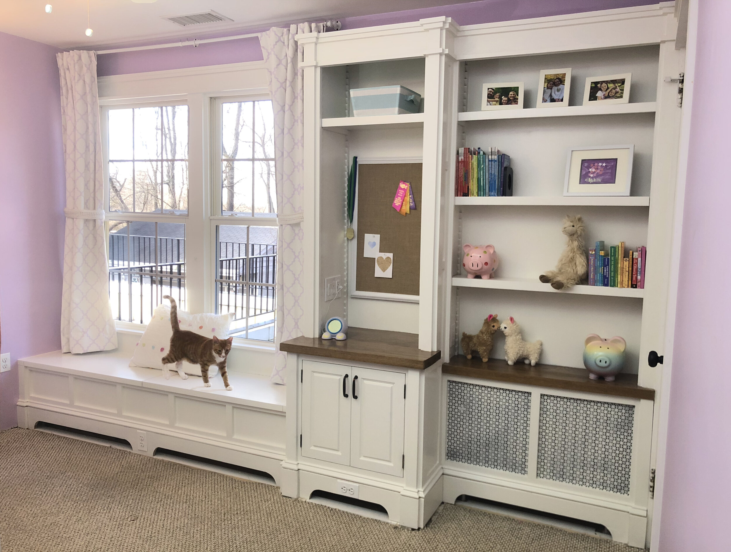  My daughters share a room and needed some extra storage, shelving, etc, and we wanted to incorporate a window seat as well. Since it was for my own house, I didn’t take pictures except for these finished ones. The radiator cover on the lower right i