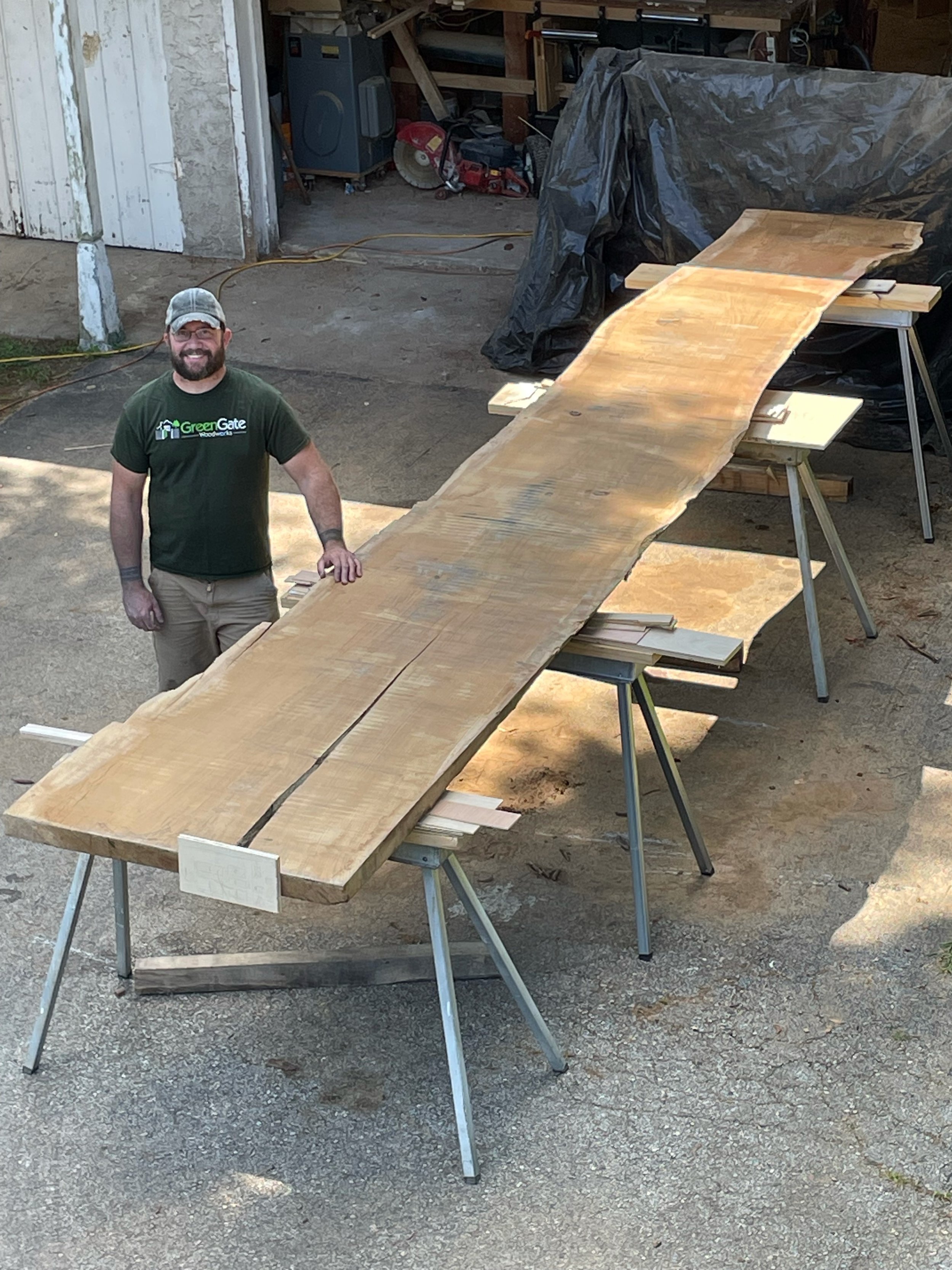  I was hired to make a set of office built-ins for a client, and they wanted to have a live-edge slab for the countertop. I found this large white oak slab which would fit the bill, but because it was so big I couldn’t fit it in my shop. My wife had 