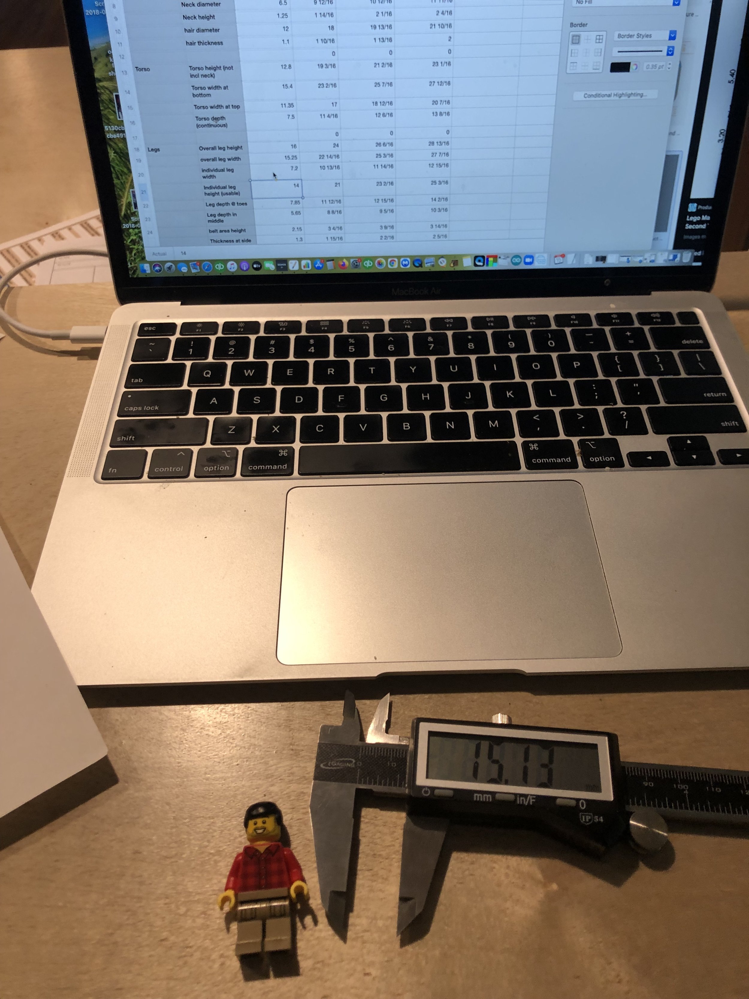  First and foremost I wanted to make sure that everything was proportional to a true LEGO figure, so I got out my digital calipers and started measuring every aspect of the figure. Then I used a spreadsheet to scale up the dimensions based on a few d