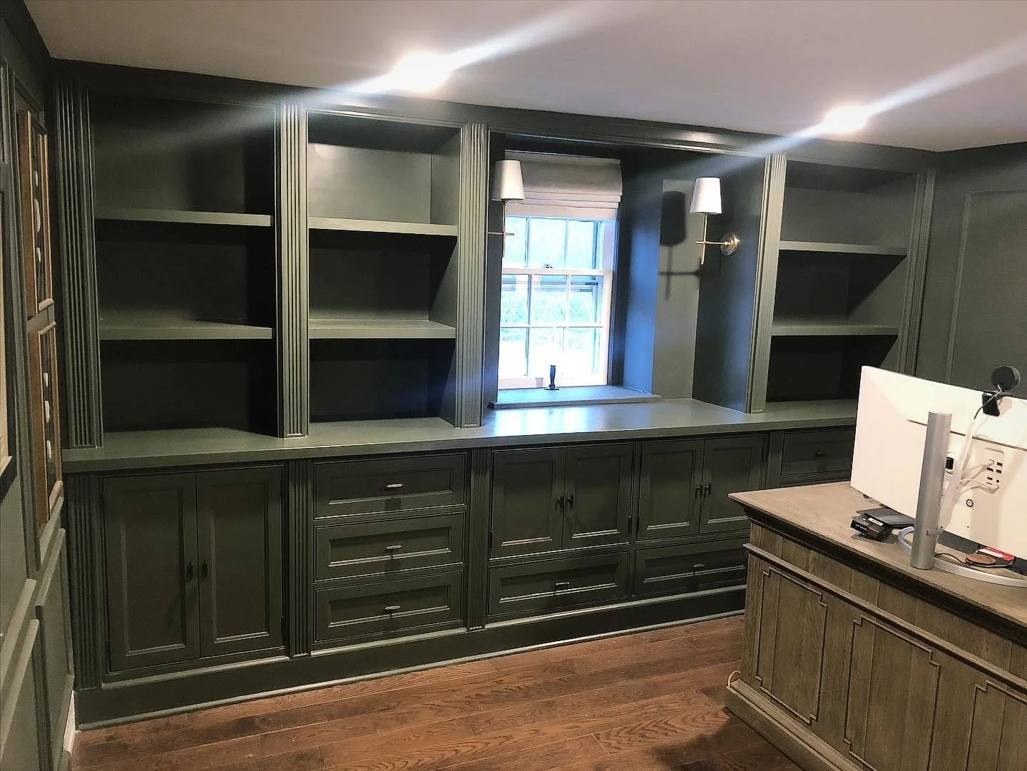  Green is my favorite color, and I like working in older houses, so I especially enjoyed creating these office built-ins for this Penn Valley home, built circa 1800.  