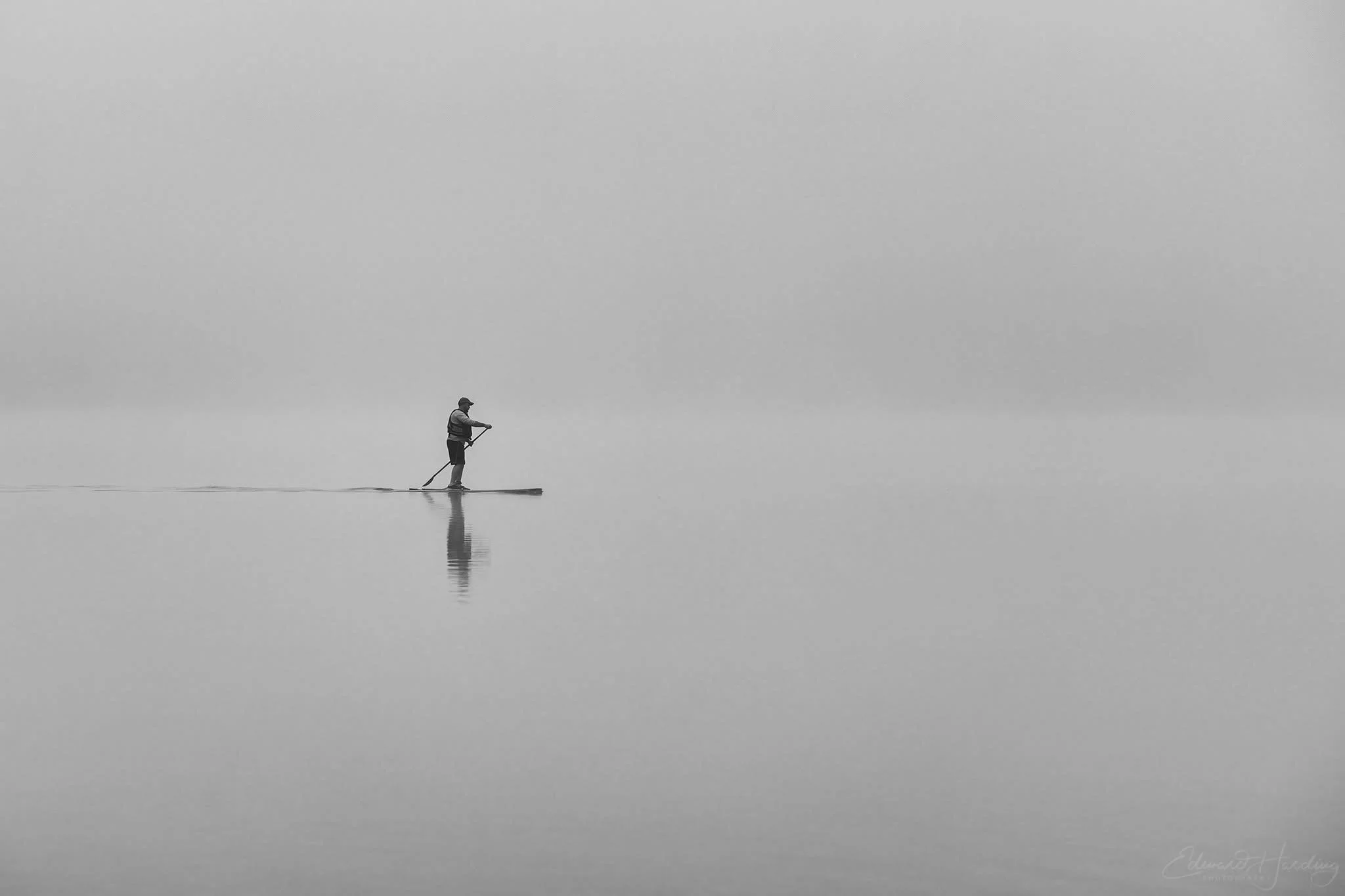  This is a photo of me out on the paddleboard getting my morning exercise one very foggy morning in July of 2025, taken from the western shore of Marsh Creek State Park by Ed Harding.  