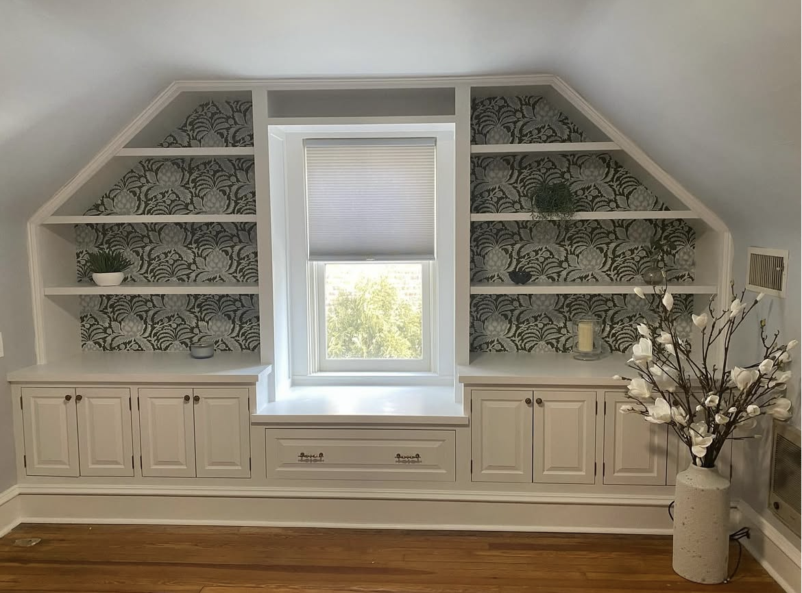  After my work was completed, the client had wallpaper installed along the back of the bookshelves and was kind enough to send me this finish picture. 