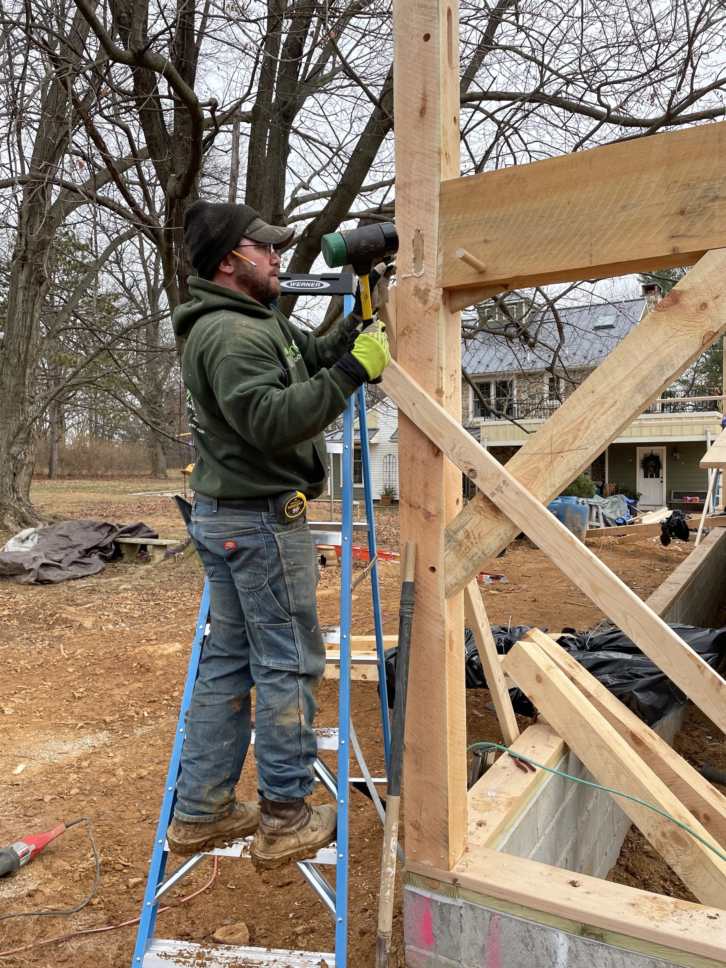  The entire timber frame kit goes together with minimal hardware, mostly its old school draw bore joints where a peg is hammered through slightly offset holes in the framing pieces to draw everything together tightly.  