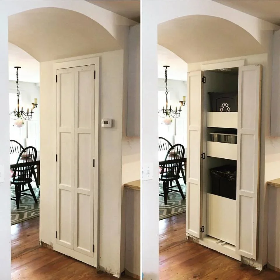  Part of the kitchen renovation included finding a place to keep our trash cans. I decided to utilize some dead space over the basement stairwell and made this recessed cabinet. With trash can on the bottom, paper recycling in the middle, and a conta