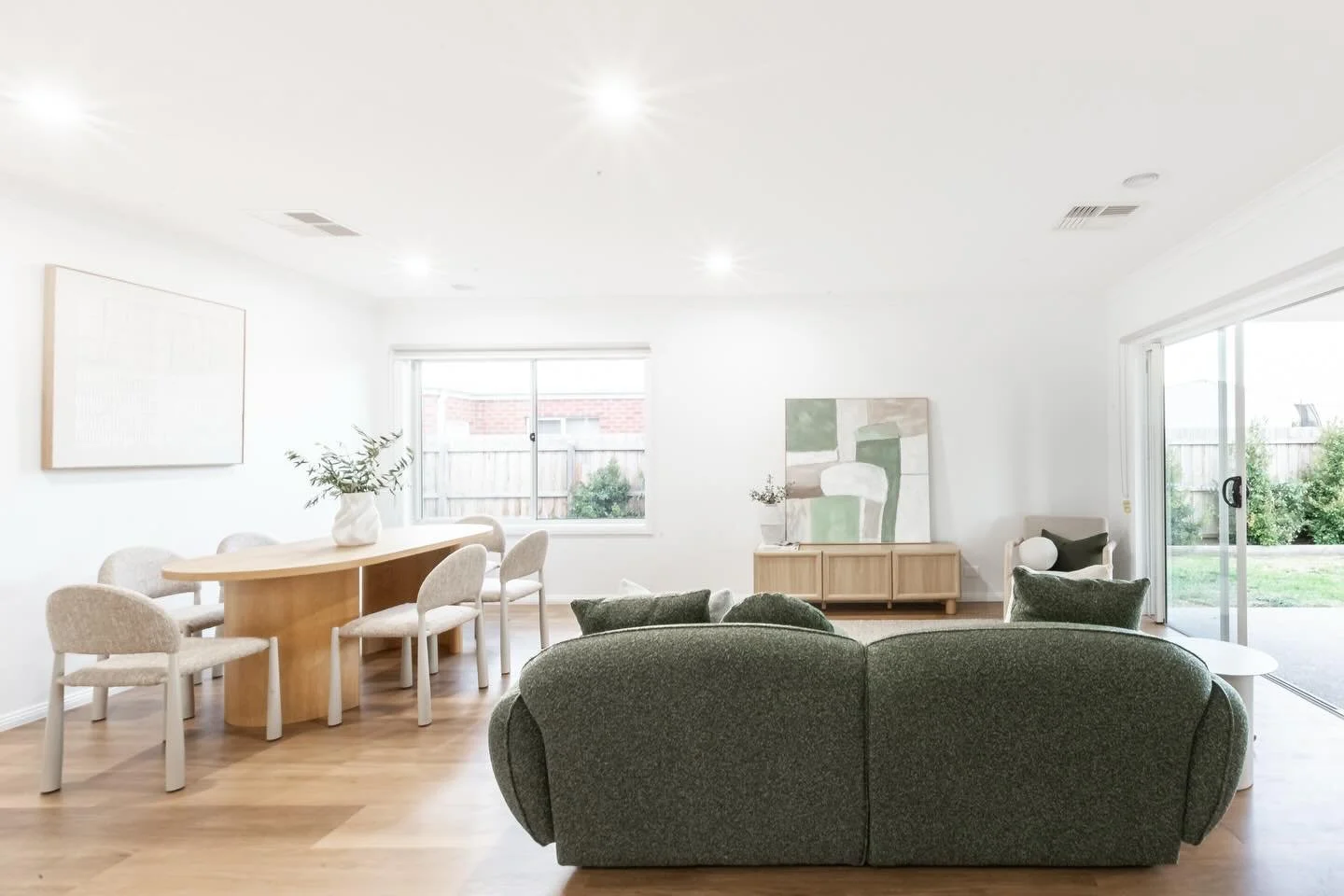 Soft greens, warm oak and layers of texture&hellip;

This home was the perfect canvas for calm, contemporary living 🌿

We leaned into a palette of muted sage, creamy neutrals and natural timber to create a space that feels grounded, welcoming and ef