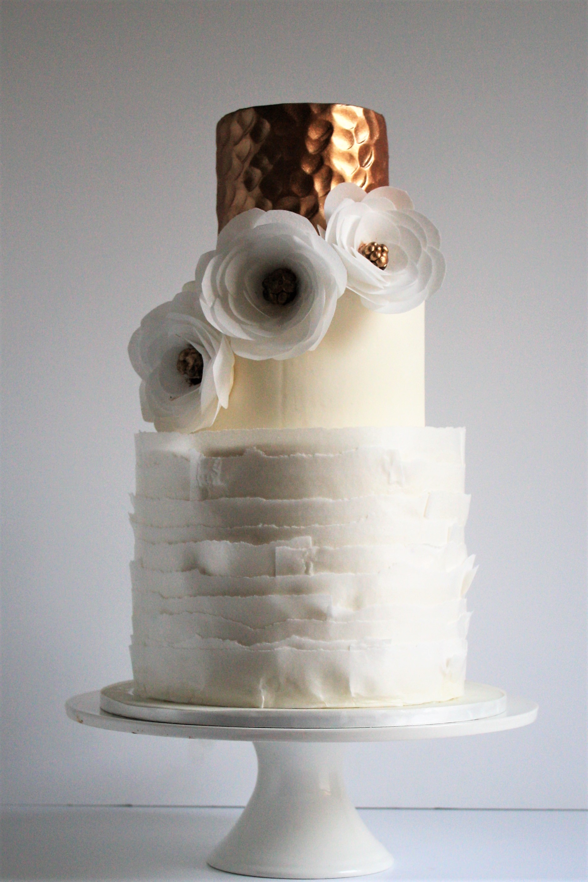 Hammered Copper and Wafer paper ruffle wedding cake with wafer paper flowers