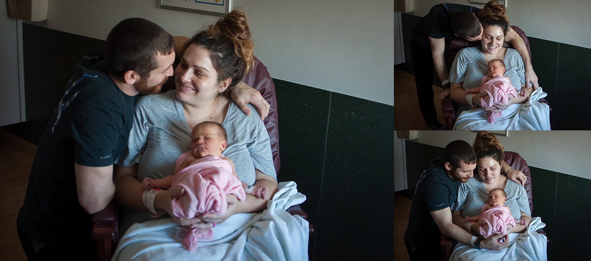 New parents bond together over there newborn baby girl during a Fresh 48 hospital lifestyle session in Pekin, IL.