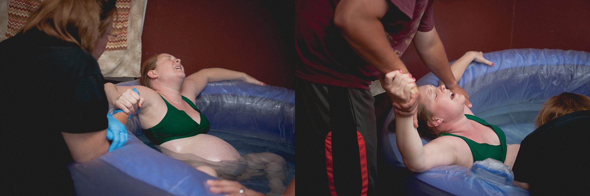 Birthing mother hold's husband's hand through pushing stage of photographed water birth in Peoria, IL area.