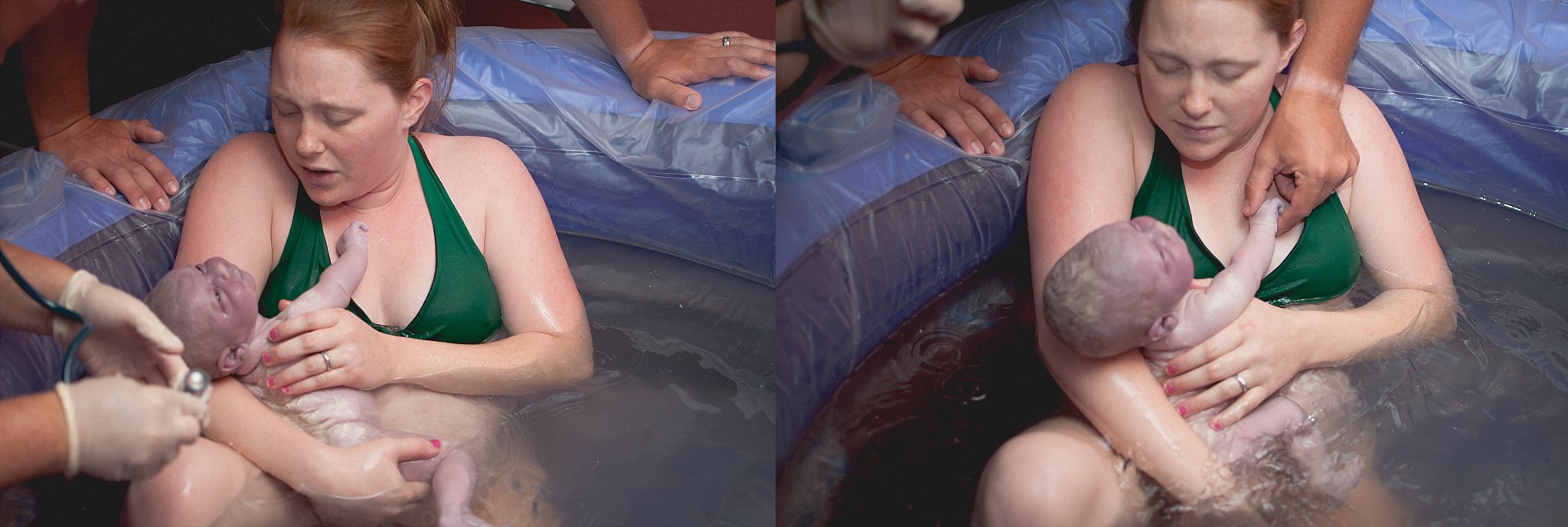 Mother rejoices in meeting her newborn after photographed water birth in Peoria, IL area.