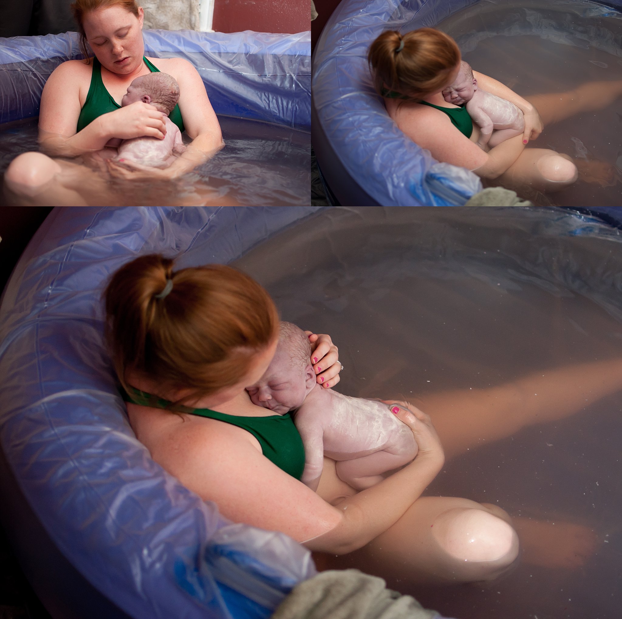 Mother holds newborn in birth pool post delivery in Pekin, IL.