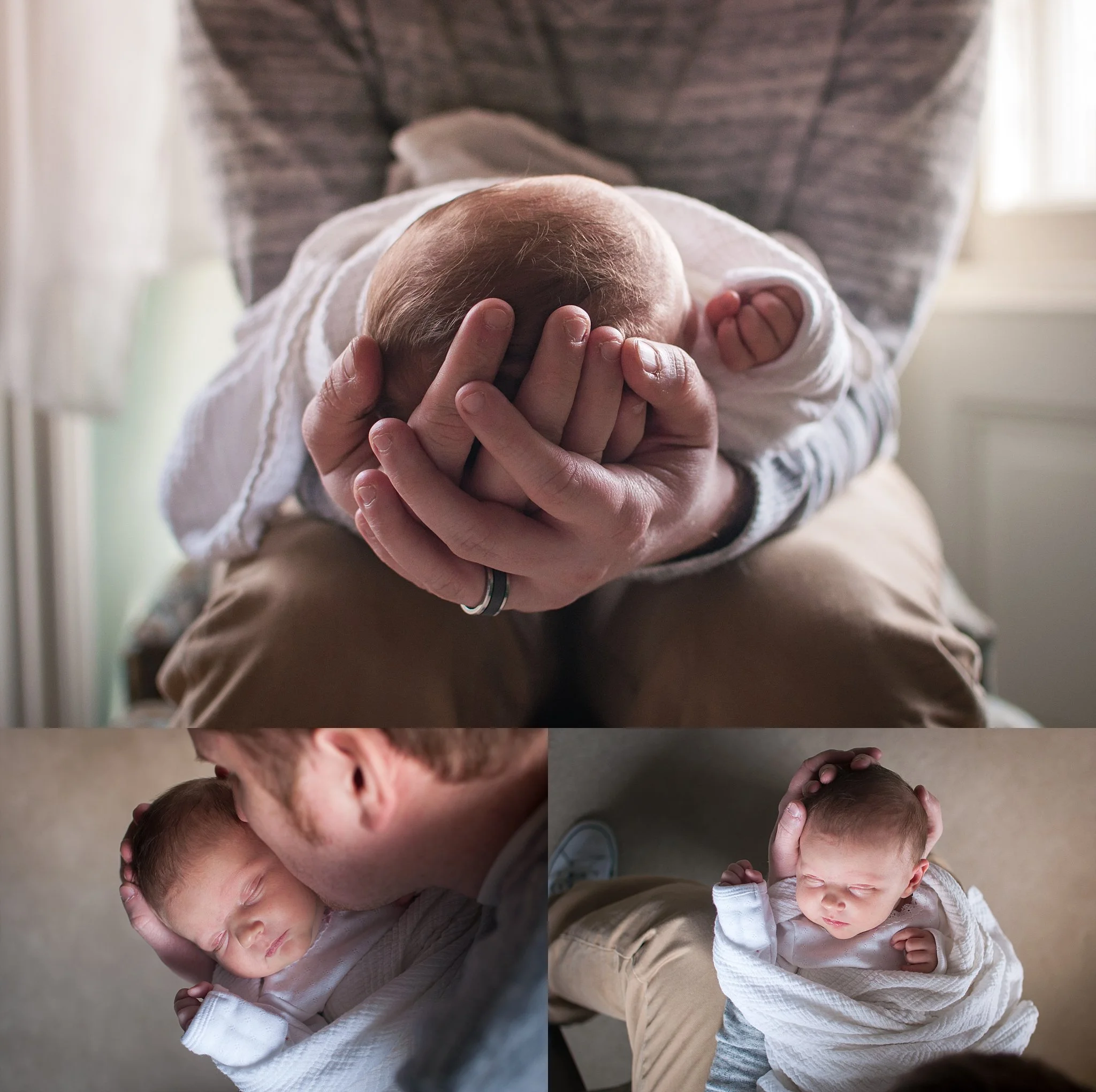 Peoria dad holds newborn baby girl during photography session at The Mansion on Walnut in Pekin, IL.