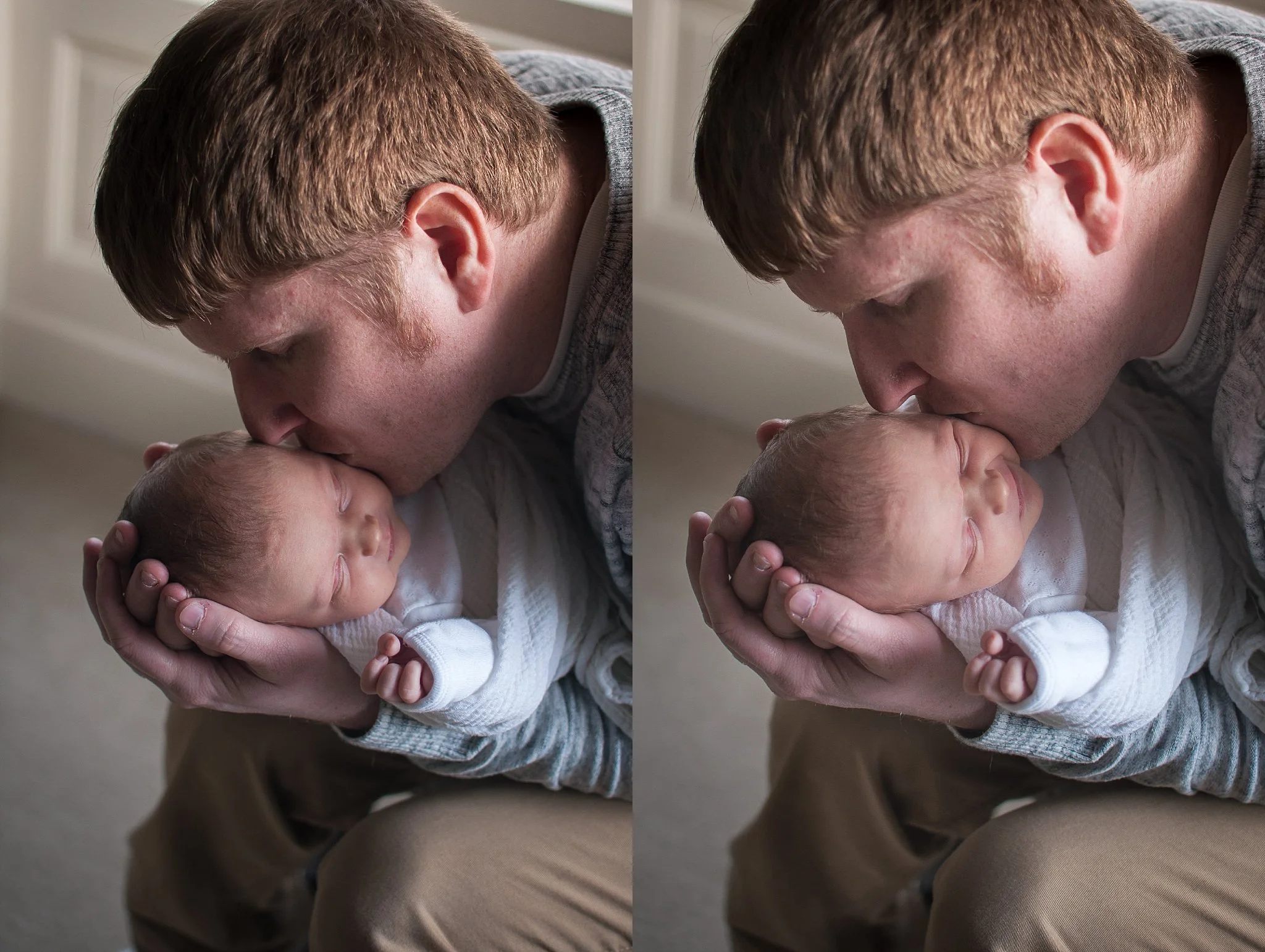 Dad kisses newborn baby on the cheek.