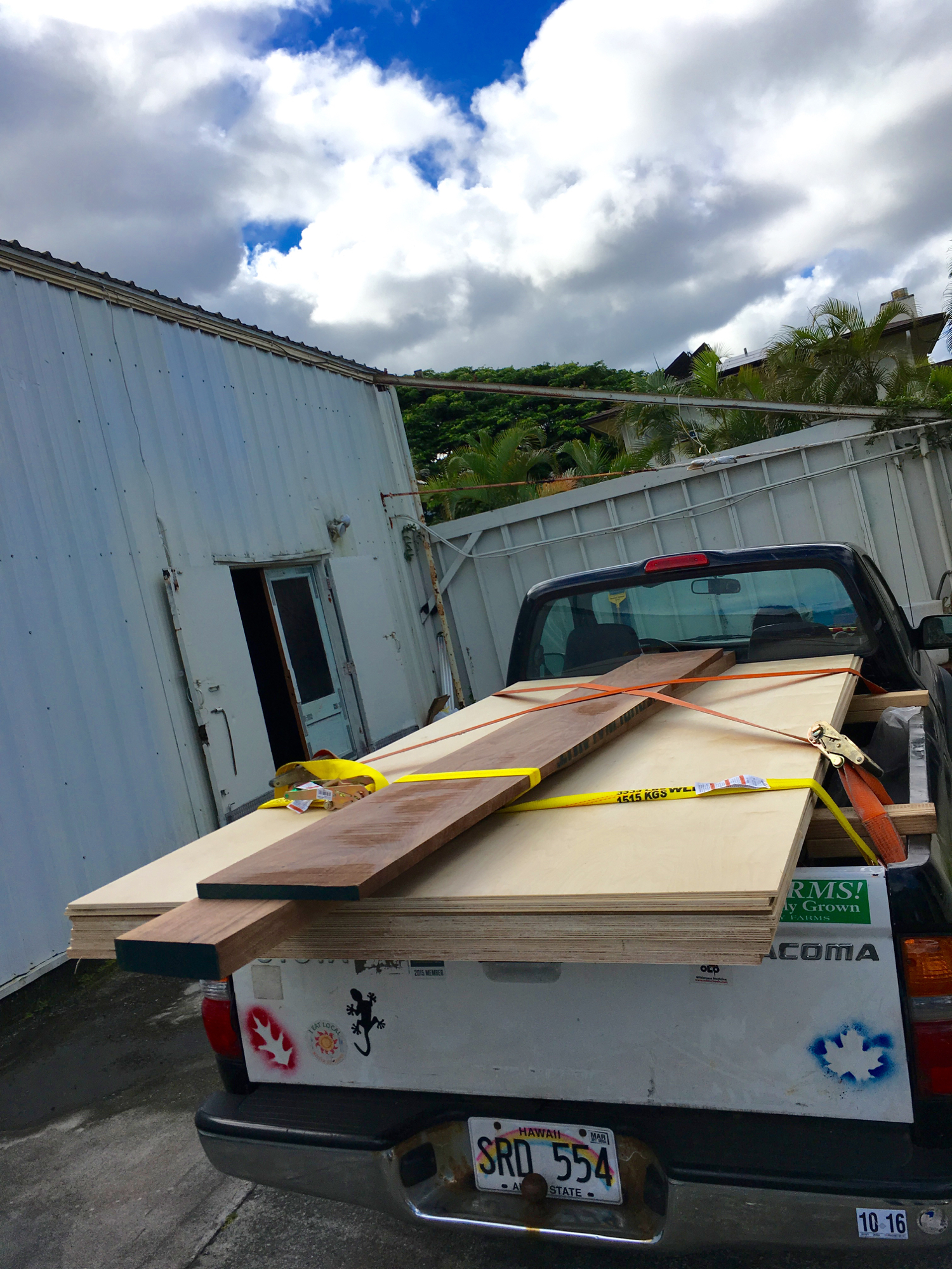  Transporting plywood and walnut for the entertainment center. The 2x4s on the bed rails of the truck are a great way to carry a lot of plywood in a small truck. Just have to be careful and strap them down really tight. There is a slight danger of th