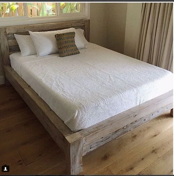 Here is the inspiration that we were given. This bed looks like weathered douglas fir (could be something different), around 4" thick boards. We didn't have quick access to that lumber here in Hawaii, so we had to go with something similar. 