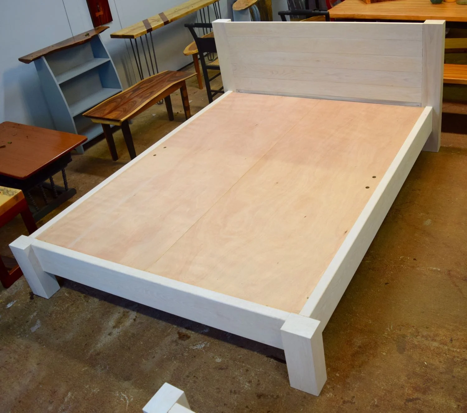 Blocky whitewashed ash bed. Two identical beds were made for a rental apartment.