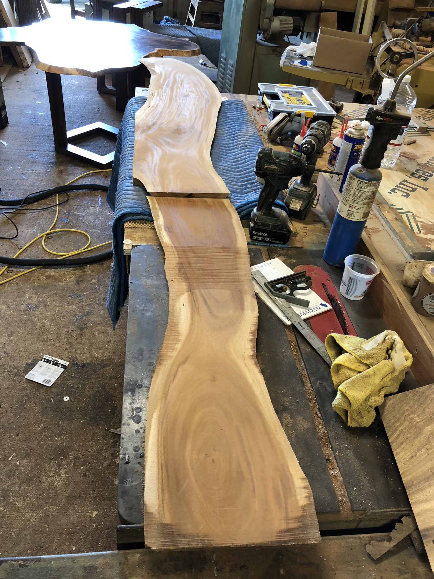  Cuban mahogany slab, cut to separate the top and the leg. This cut was made with a Dewalt track saw, which allows a perfectly straight cut. 