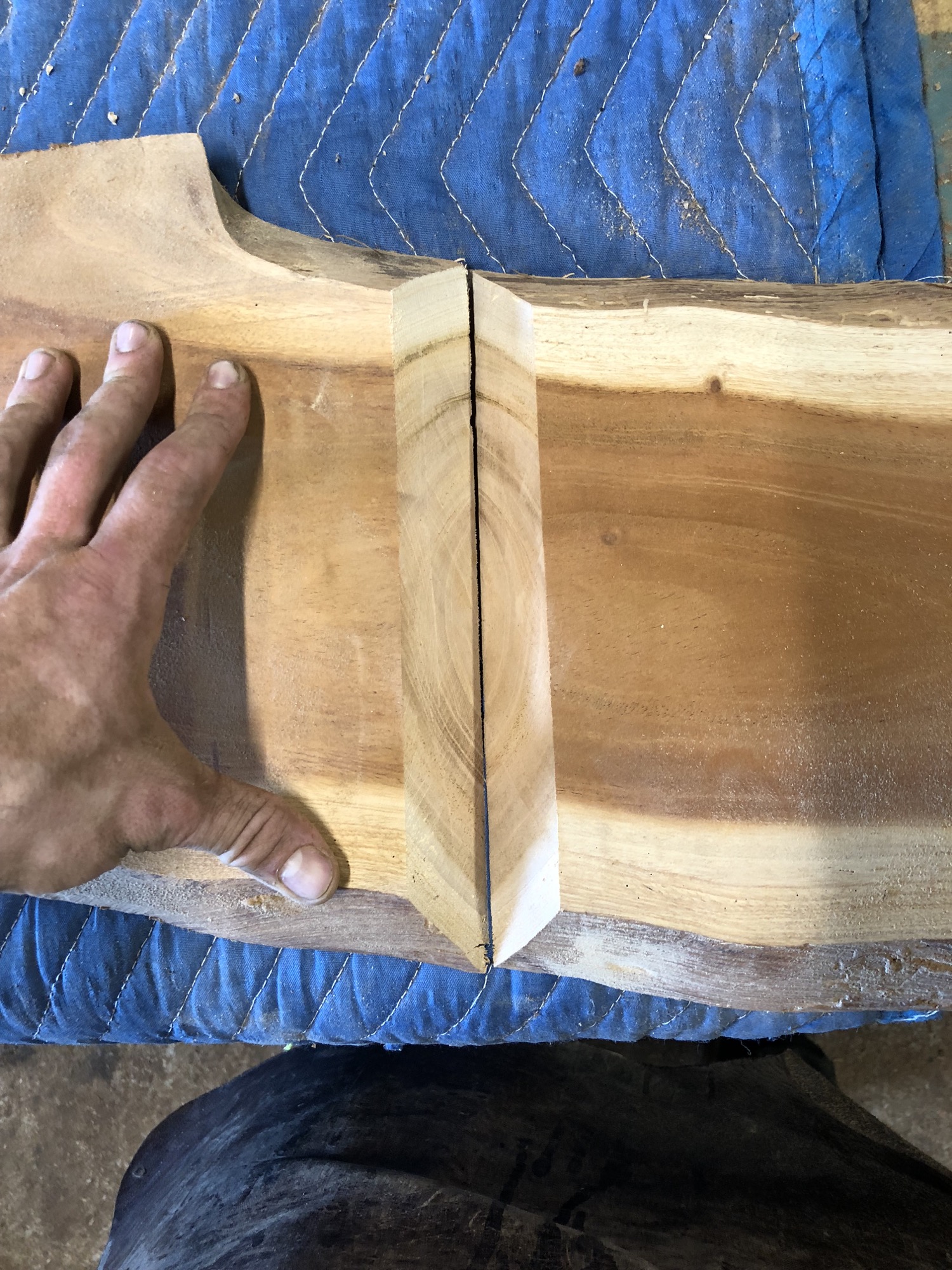  The goal in this step is to cut both the top edge and the leg at 45*, which when combined will essentially "fold" the slab to create the leg. Ideally, the grain waterfalls down the leg from the top, which is why this style is typically called a wate