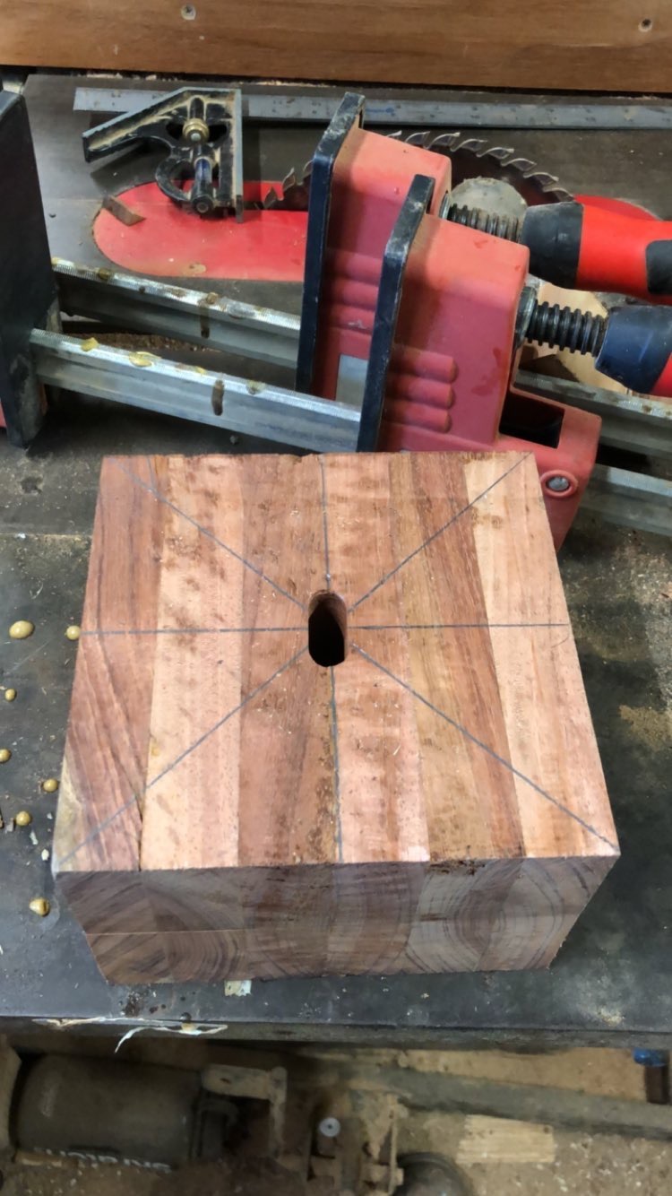  Remember that bit about end grain gluing? The same thing applies when gluing the stalk of the leg to the foot. So, in between the two, I'm adding another piece of wood called a tenon. It creates a mechanical connector, and also a ton of glue surface