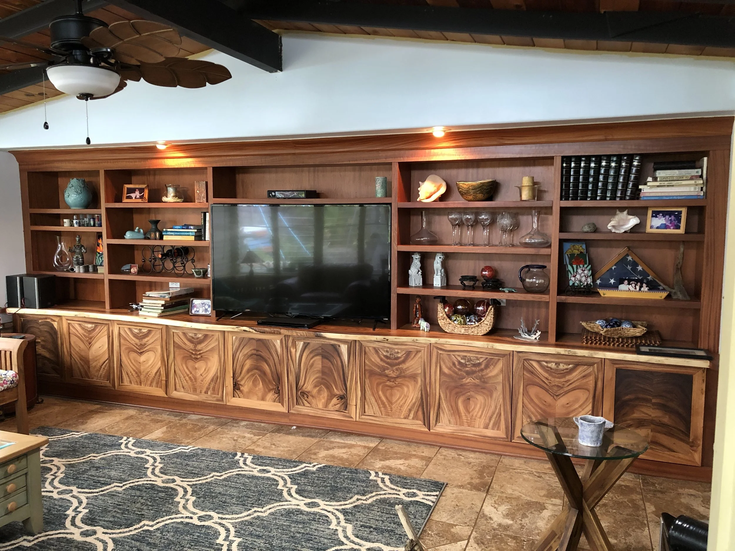 18' of built in monkeypod cabinetry.