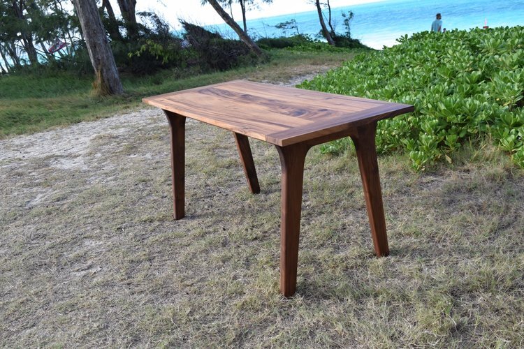 Monkeypod desk top and walnut legs.