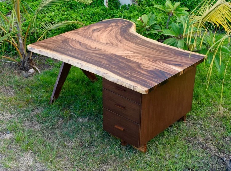 Monkeypod slab desk. This desk was built with drawers on both sides of the cabinet! Soft close drawer glides standard.