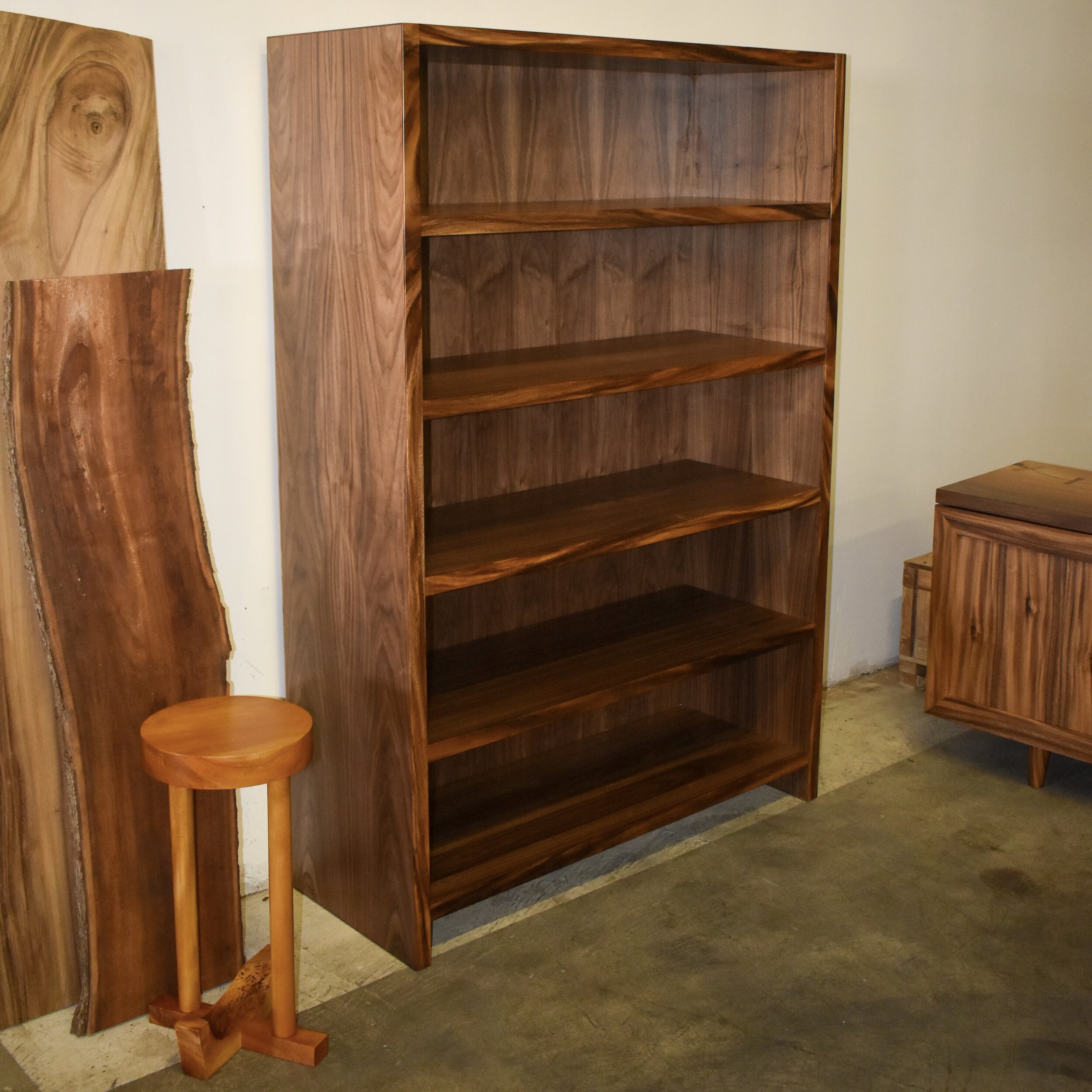 Monkeypod and walnut deep bookcase