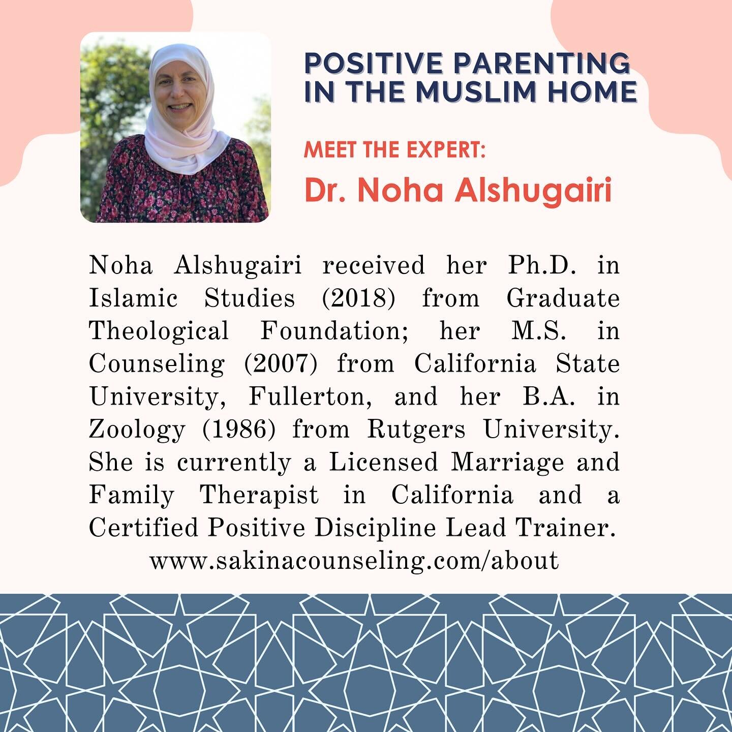 3 days away! Join us this Saturday for an in-person workshop with Dr. Noha (@nohaalshugairi) to explore Positive Parenting in the Muslim Home. This interactive workshop features hands-on tools you can utilize right away. Childcare available for ages 