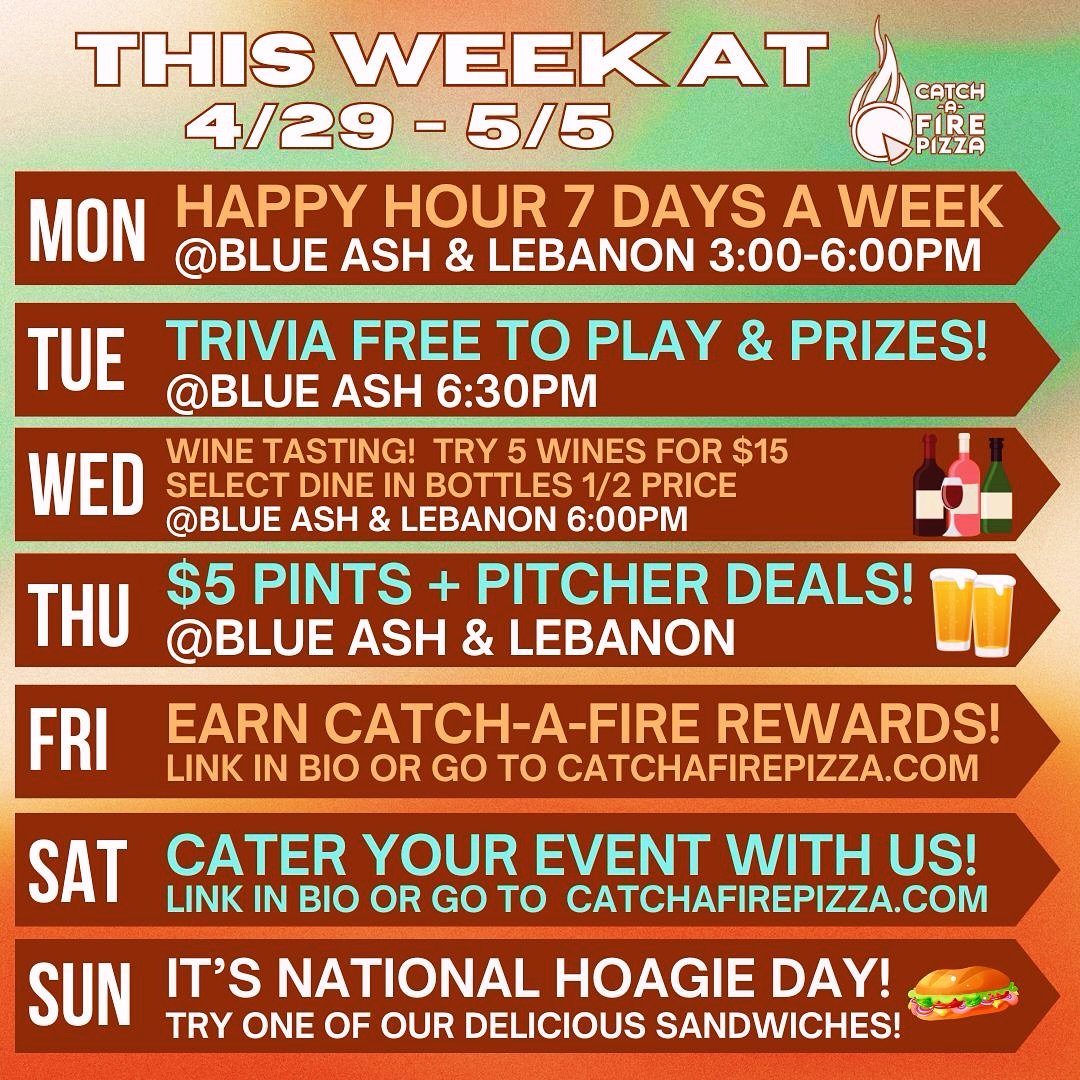 Come try five wines for $15 Wednesday at Blue Ash and Lebanon, and celebrate sandwiches with us Sunday for  national hoagie day!