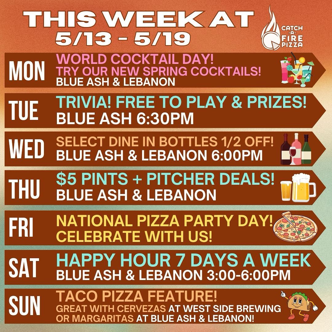 There&rsquo;s something for everyone this week at our place! #worldcocktailday #triviatuesday #winedownwednesday #thirstythursday #nationalpizzapartyday #happyhour #tacopizza