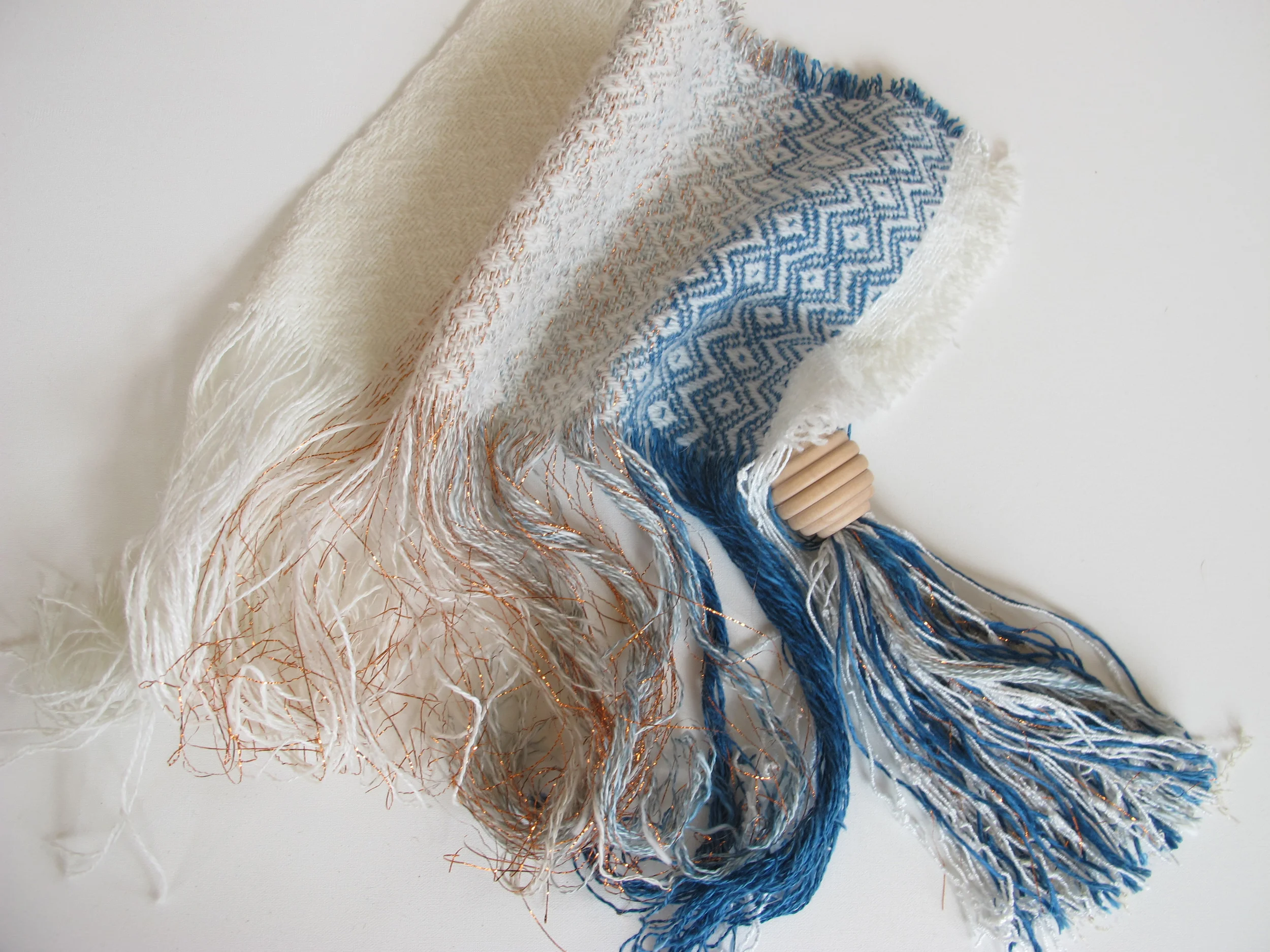 linen and copper weave sample natural and indigo