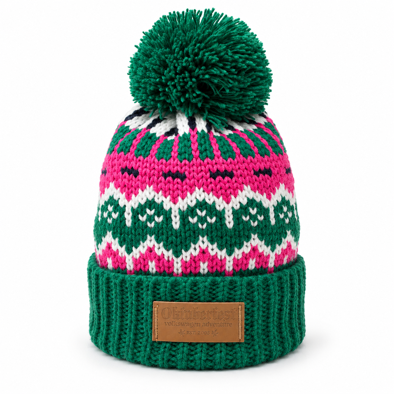 Emerald green geometric knit pom-pom hat.png