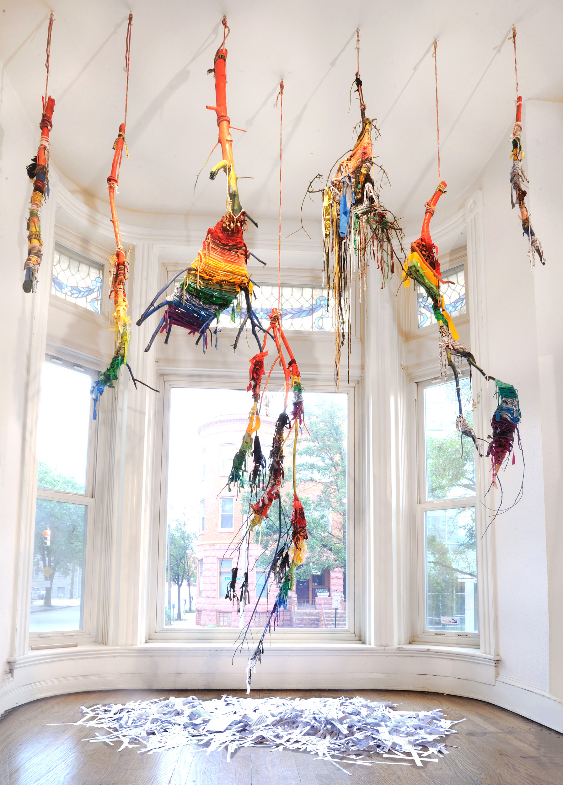 Above All You Must Not Play At God, Woven Fabric on Branches Installation, 2016, Galerie Myrtis, Baltimore, MD Branch # 1 Talking stick: mother of modern medicine, mixed media on tree branch Branch # 2 Talking stick: black cell, black life resiliency, mixed media on tree branch Branch # 3 to Lawrence, Elsie, Sonny, Deborah and Zakriyya, mixed media on tree branch Branch # 4 Cell Commercialization without Representation, mixed media on tree branch Branch #5 The sugar-icing of Henrietta Lacks, mixed media on tree branch Branch #6 Above All you must do no harm Branch # 7 Talking stick: without a black women's consent, mixed media on tree branch, SOLD Prices available upon request.