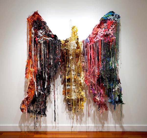 Flight of the Chicken Wire , Installation, Mixed Media on Chicken Wire, 108 in., x 120 in. Prices available upon request.