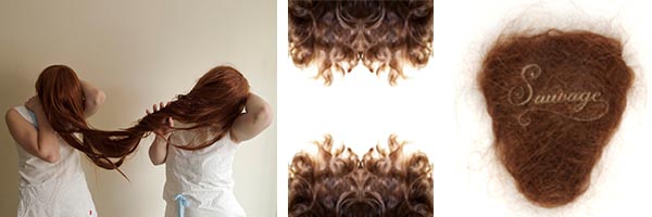 Three works from Hair Apparent, Athenaeum *No Me Without You* (left) Emilia Olsen and Sara Winston, photography;* Composition 337*, (center) Dagmara Weinberg, photography and image manipulation; * ** Sauvage*, (right) Kate Kretz, human hair embroidery on hair