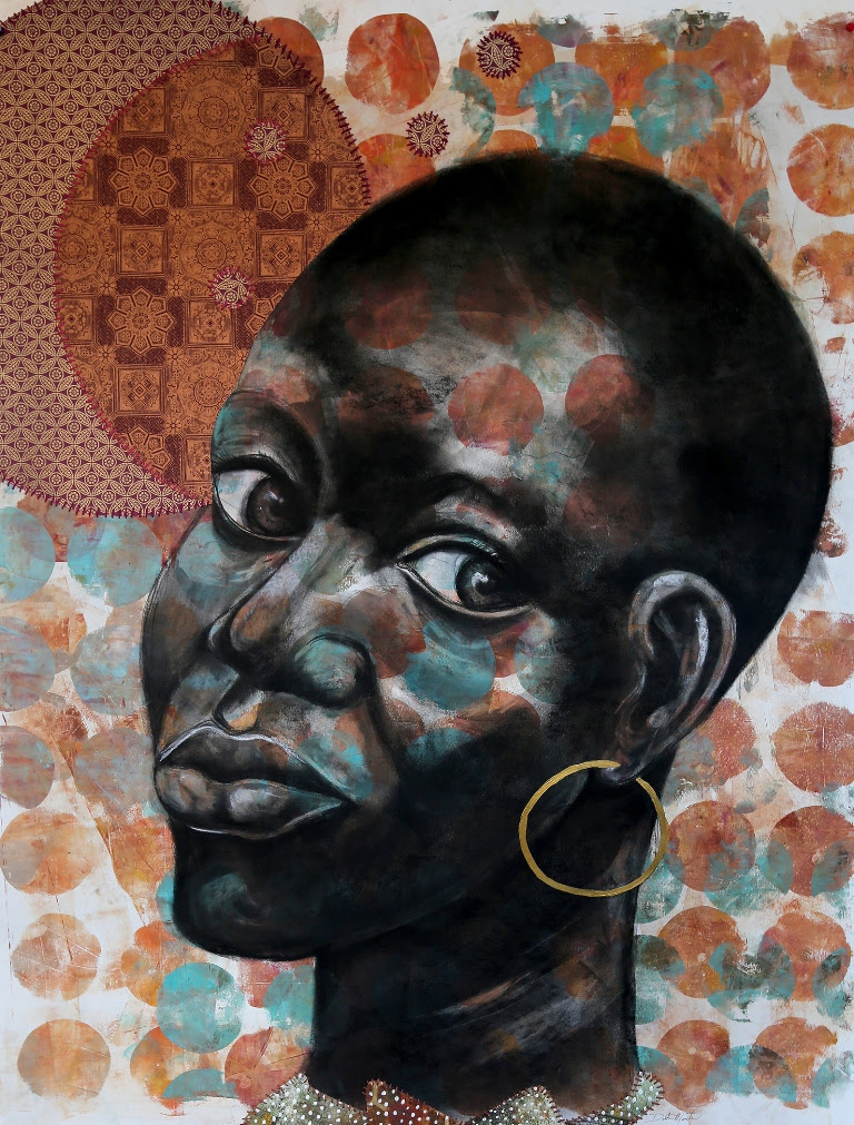 The Watcher, 2015, Gelatin printing, acrylic, collage, hand-stitching and conte, 50” x 38" by Delita Martin
