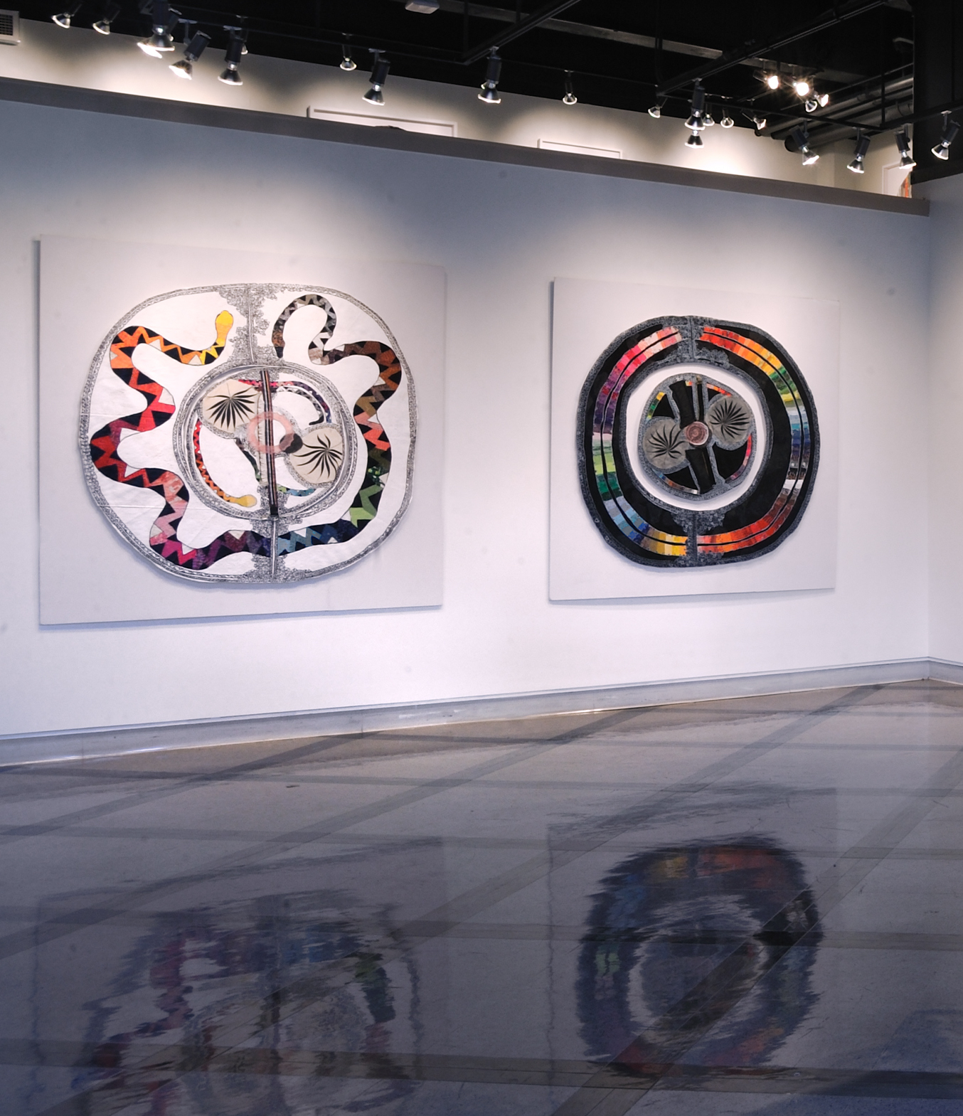 The Male, The Architect, The Protector (Outer Circle) The Universe (inner circle) The Female, The Oracle, The Nurturer, (outer circle) , Assemblage on Canvas, 72 in. x 72 in., mounted, at Pennsylvania College of Art and Design, 2017