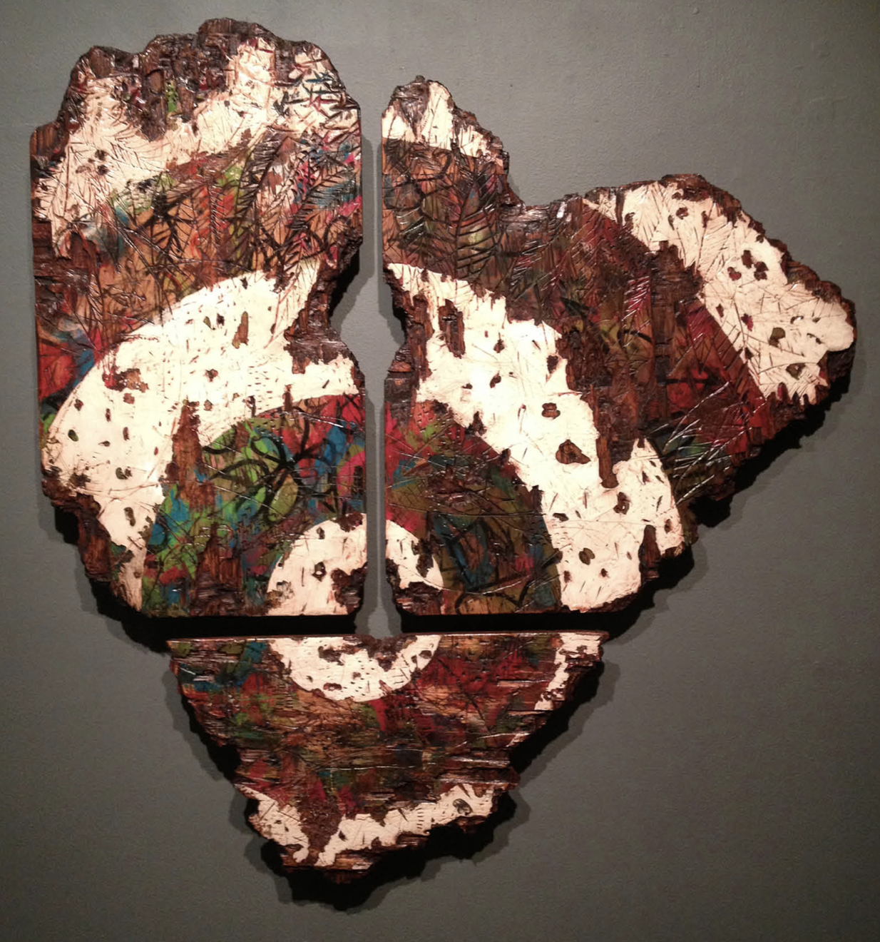 Mis-Taken Identity, 43” x 44”, oil paint, latex paint, spray paint, shellac, plywood, 2013 By Wesley Clark
