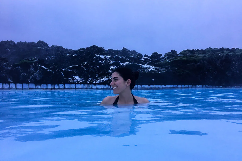 In the Blue Lagoon. So toasty and a great way to relax after your flight.
